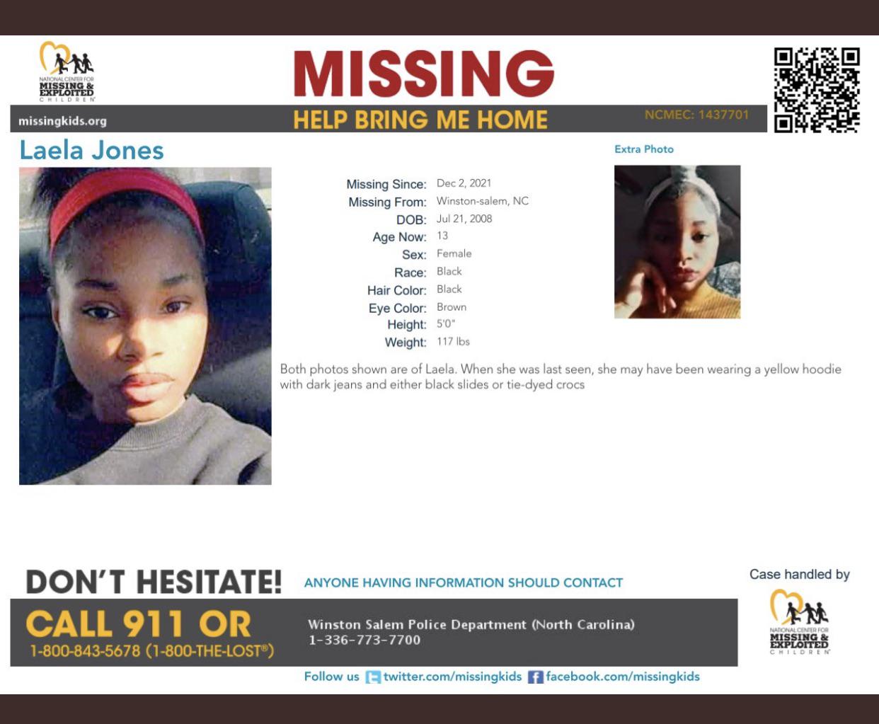 Laela Jones, missing from WinstonSalem, NC, since Dec 2, 2021. r
