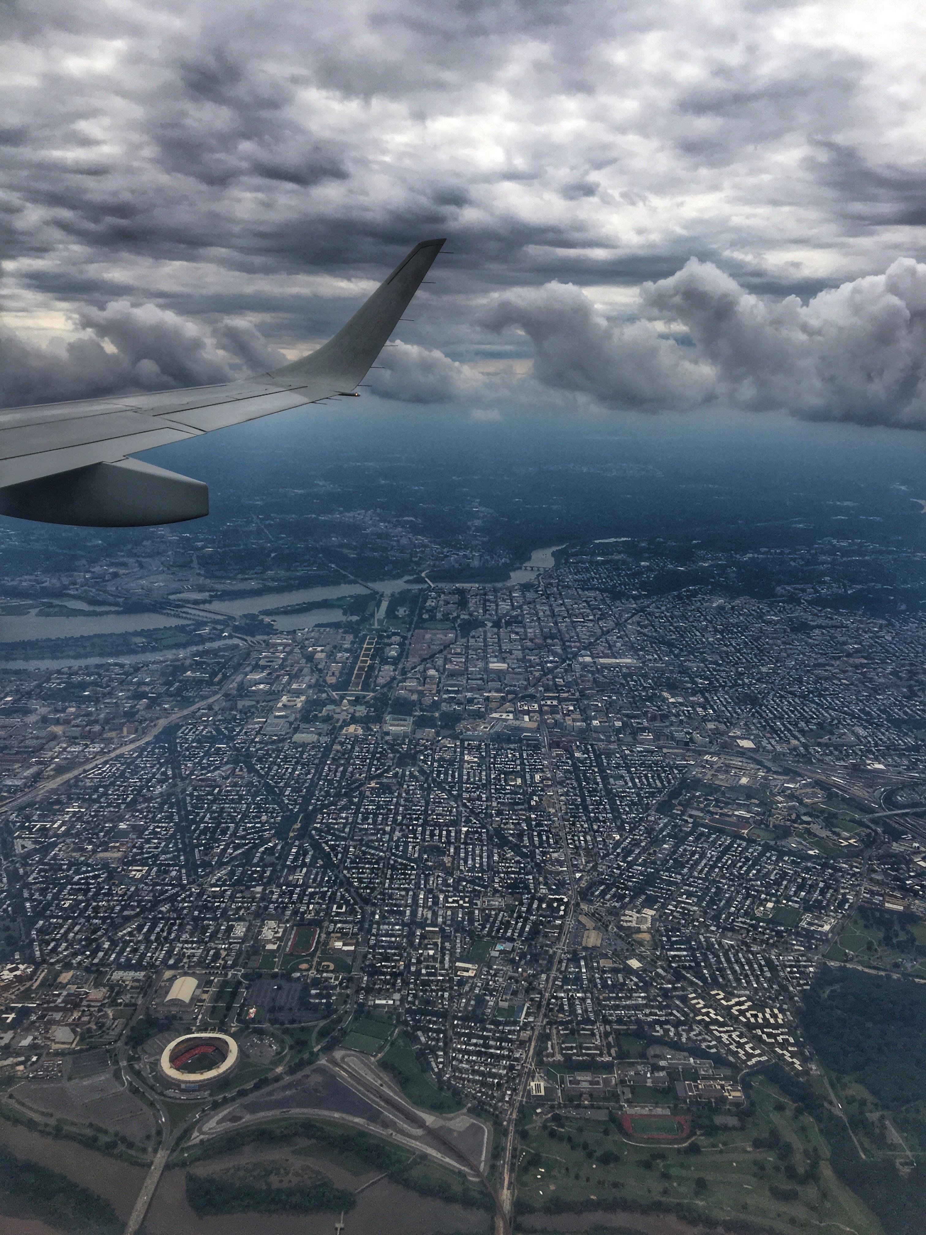 Flying into Reagan National Airport in Washington, DC right before a storm. You can see the
