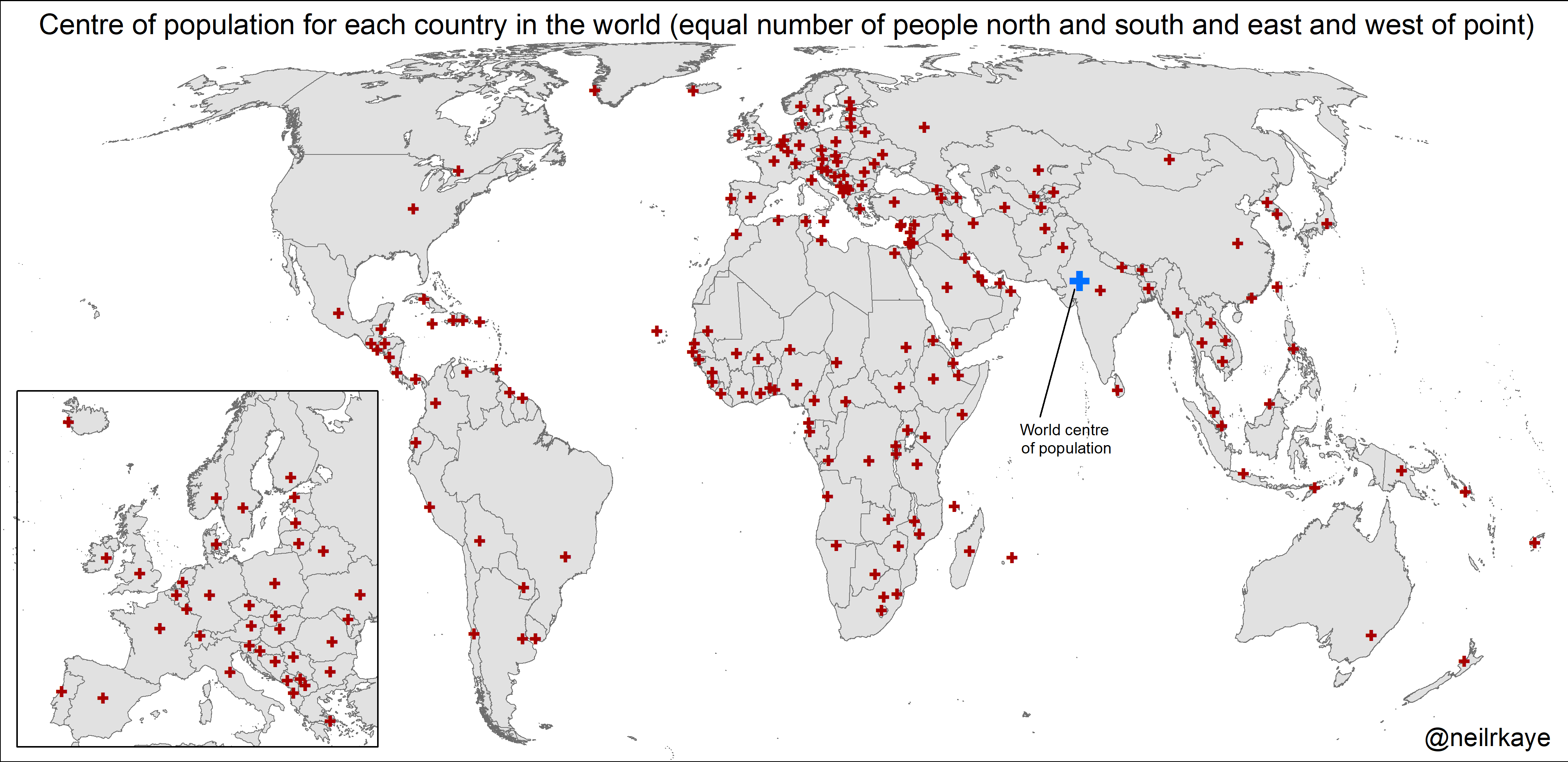 Centre of population for each country in the world (equal number of