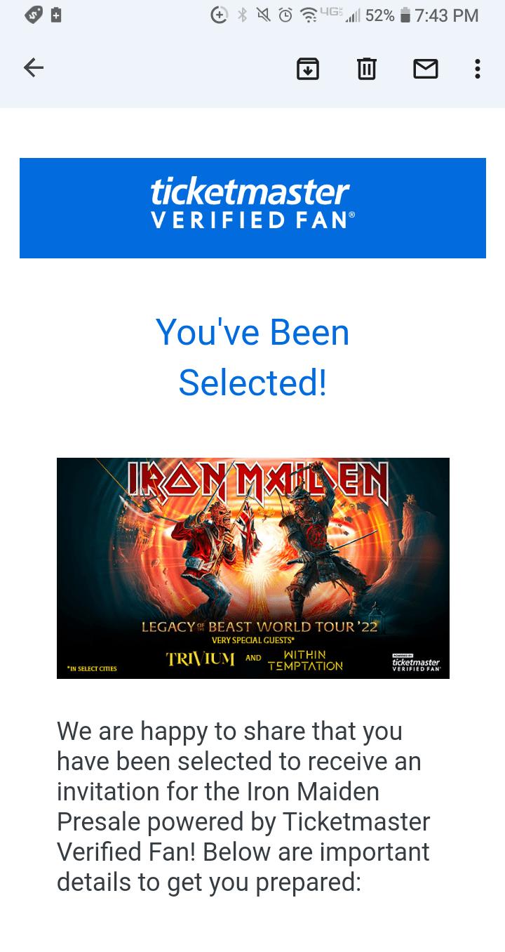 Ticketmaster Verified Fan Selected! r/ironmaiden