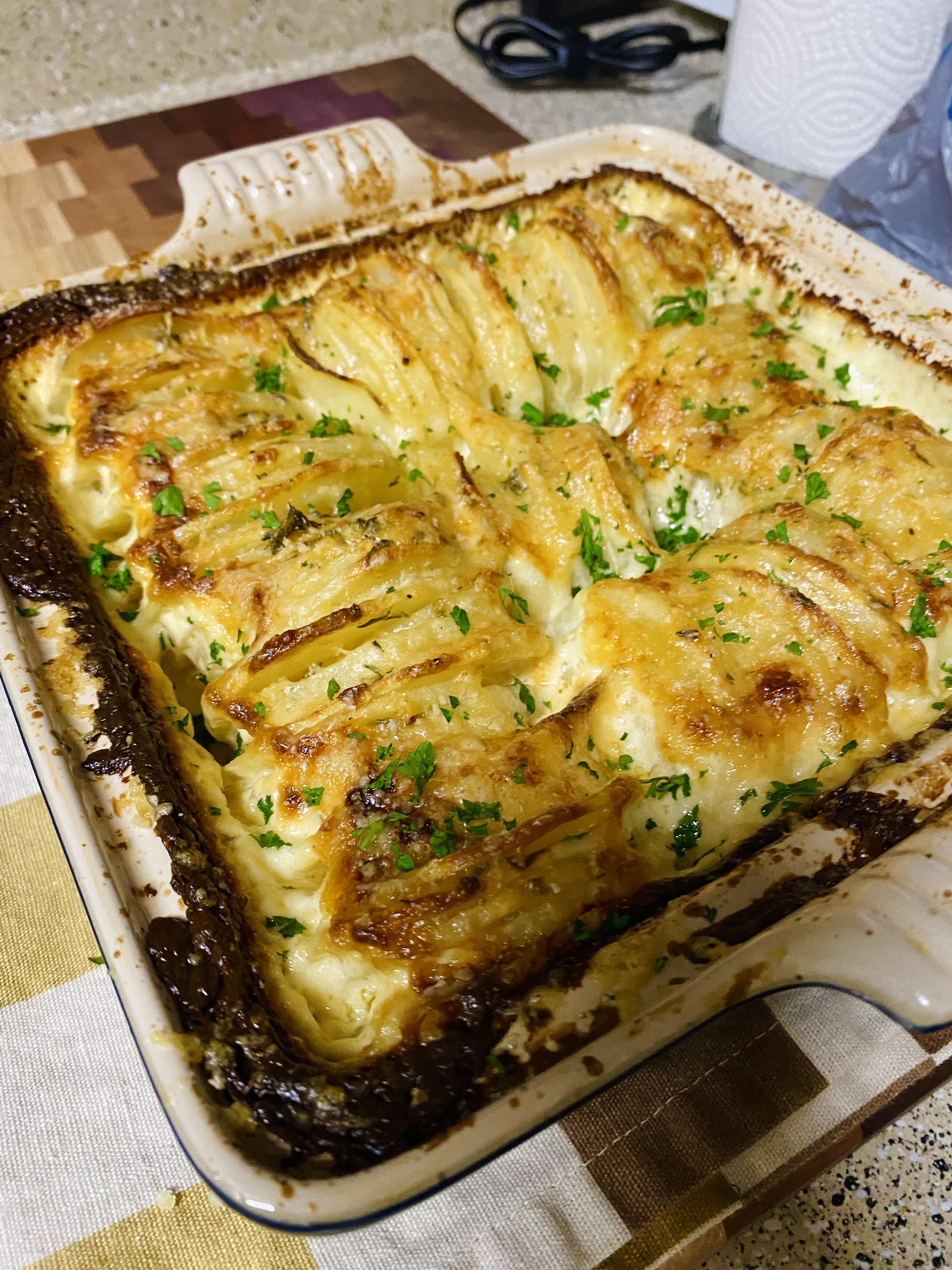 Kenji’s hasselback potato gratin for a friendsgiving! (I promise the