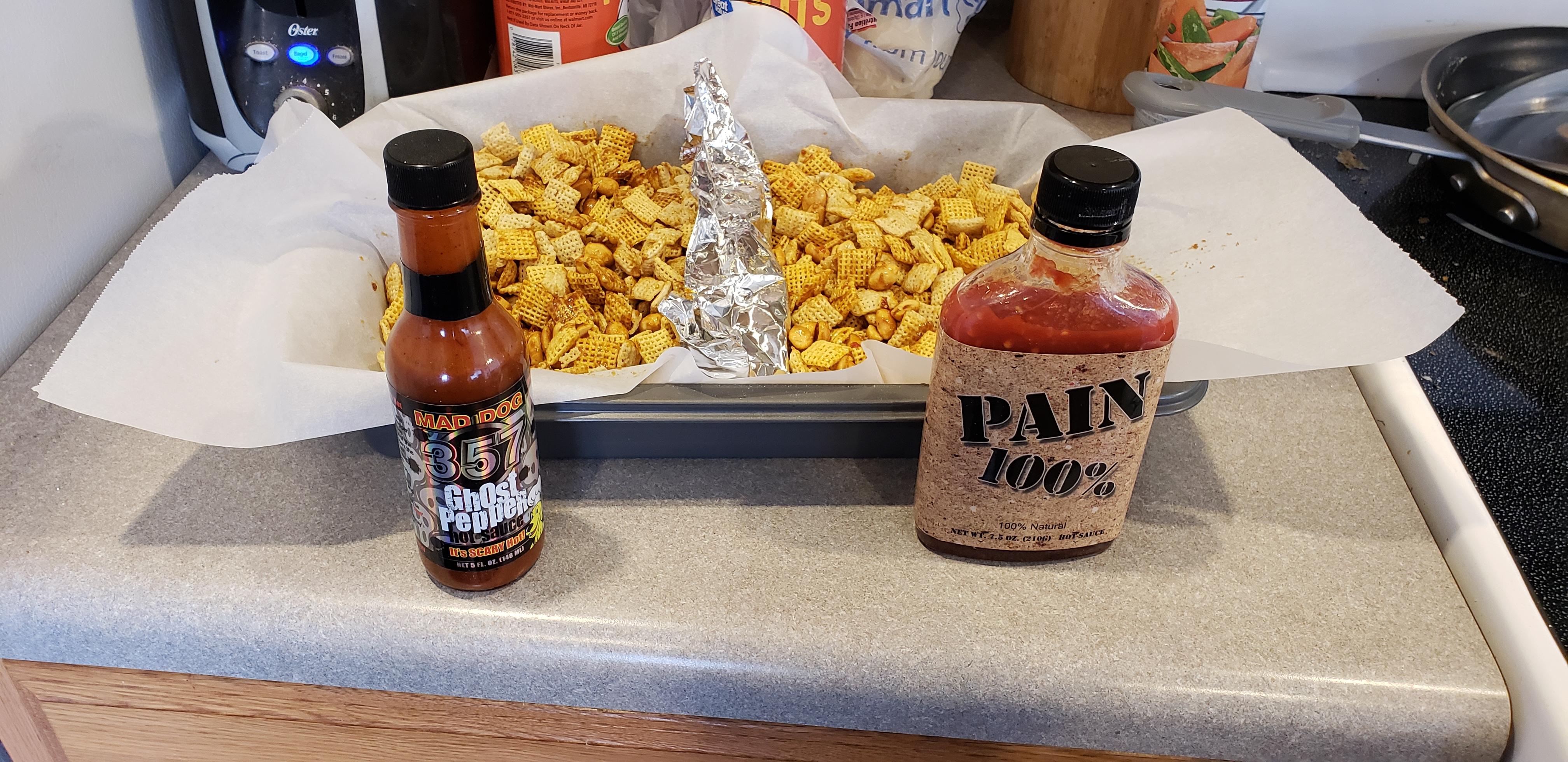 I made some extra hot chex mix with ghost pepper and 100 pain. r/spicy