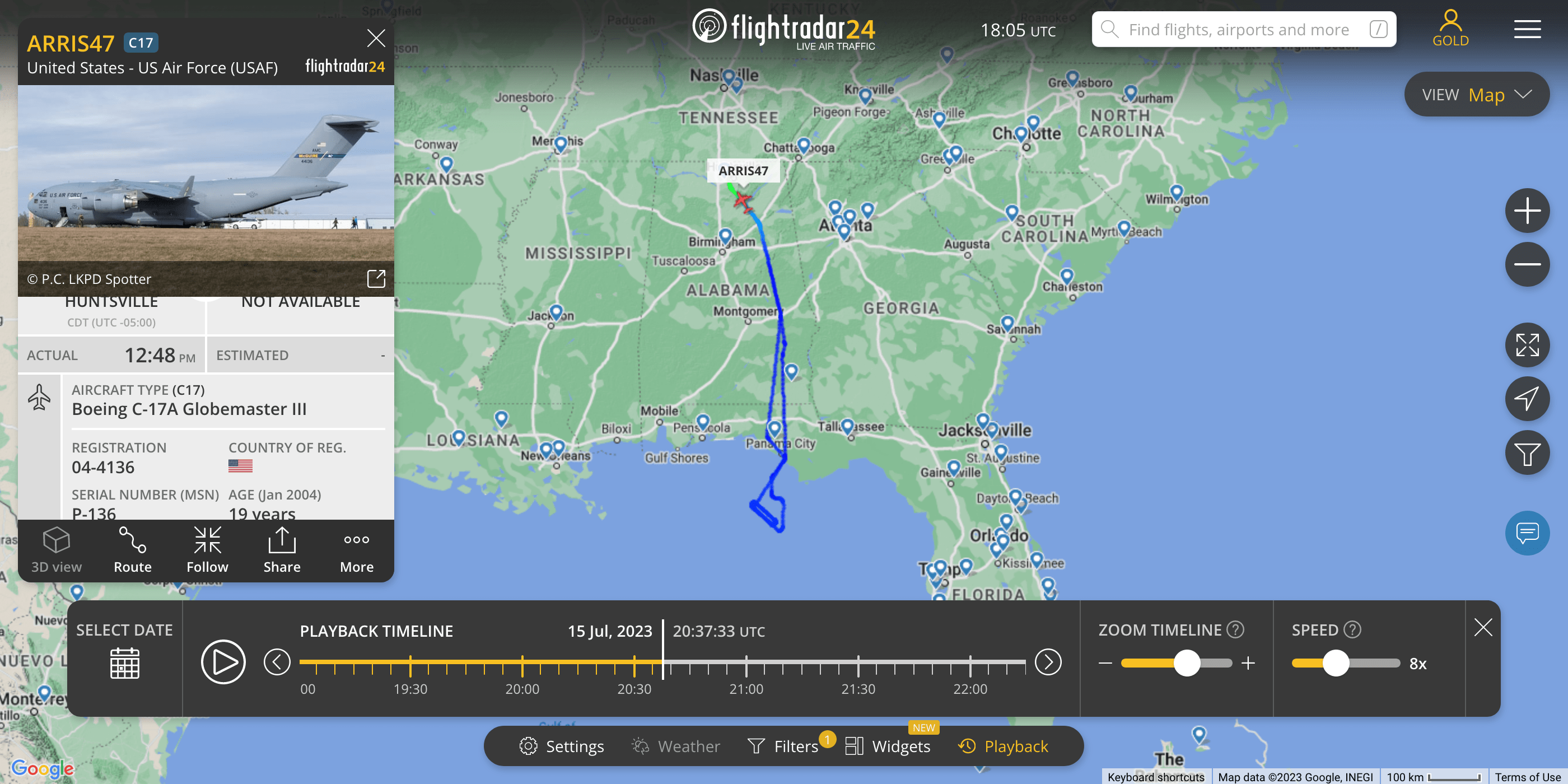 USAF C17 (2nd or 732nd Airlift Squadron) Flies from Huntsville AL
