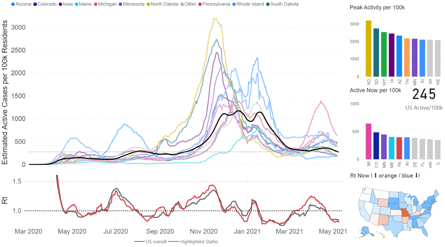 [May 10] Estimated Active Cases per 100k Residents r/CovidDataDaily
