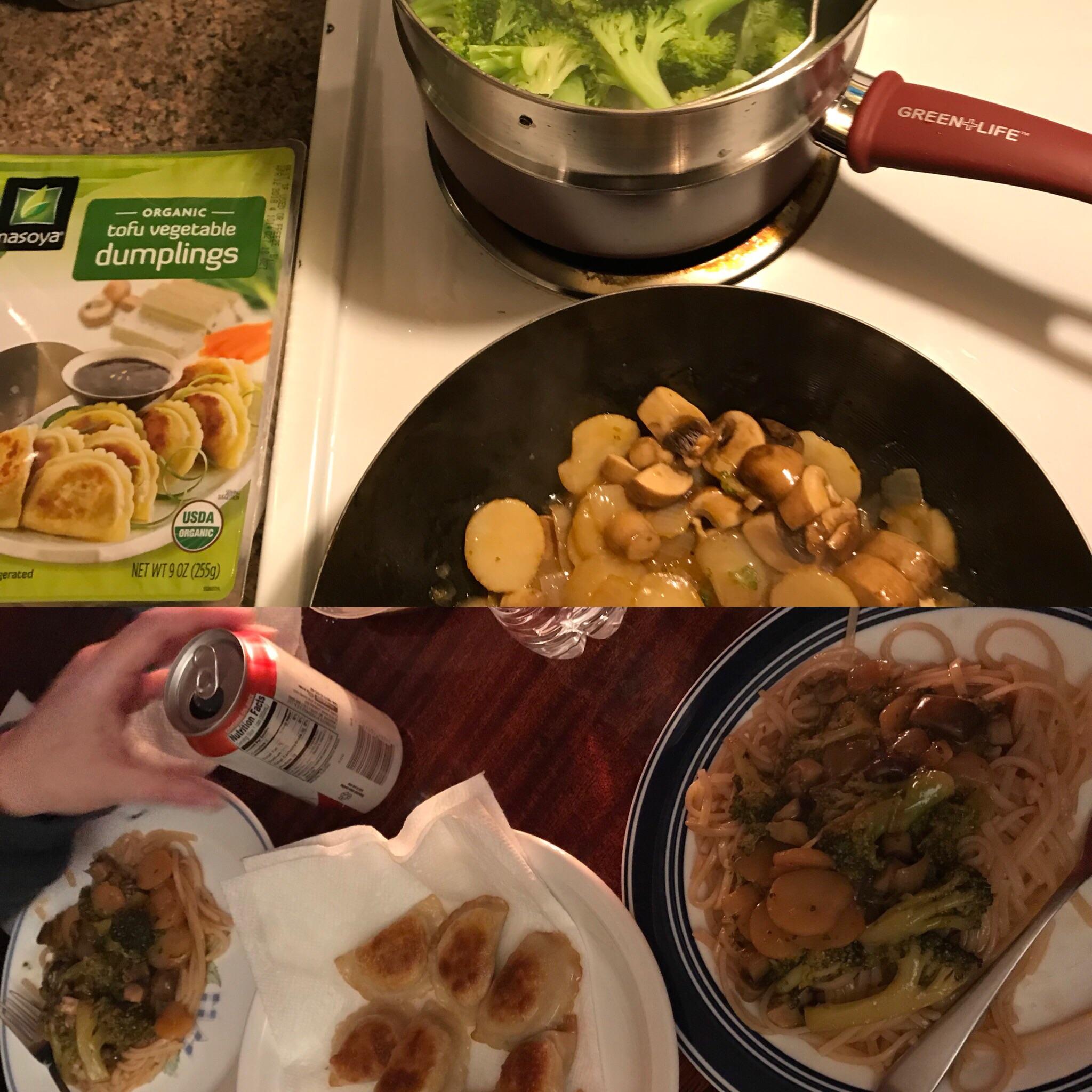 Vegetable stir fry and tofu dumplings 🥟 with rice noodles r/vegetarian