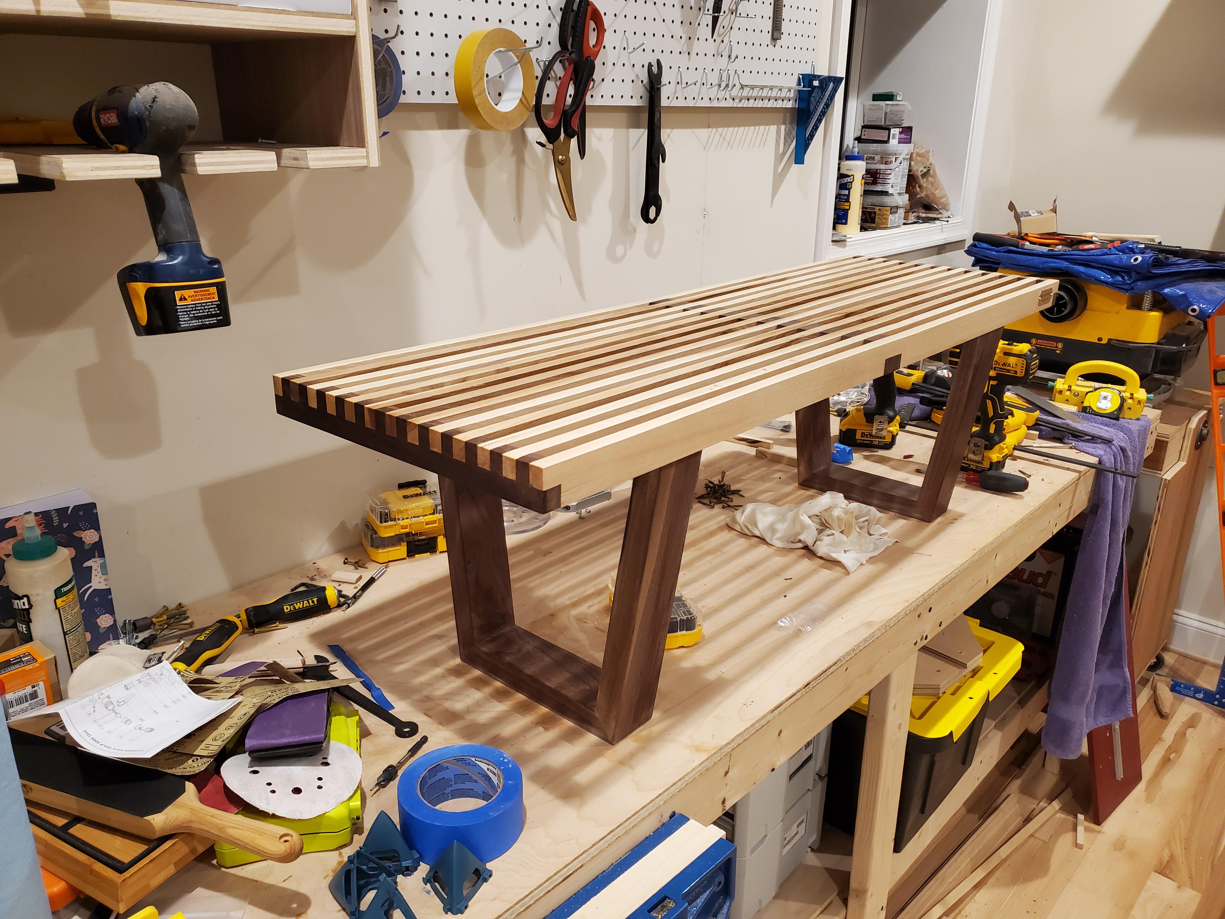 My take on a Nelson bench. Wedding gift for a friend. Leftover hickory