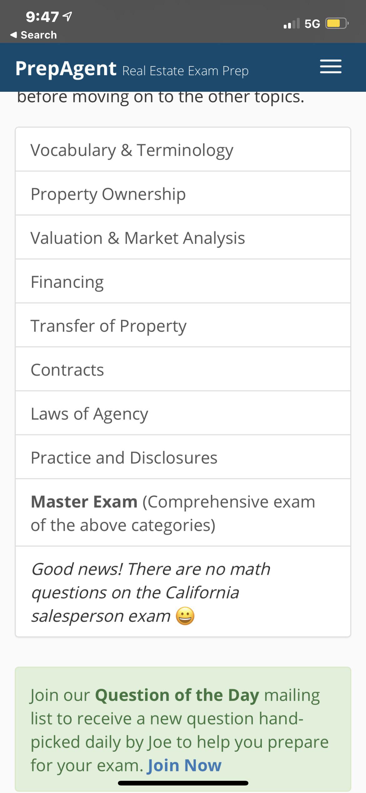 In PrepAgent it says there isn’t any Math on the Real Estate California