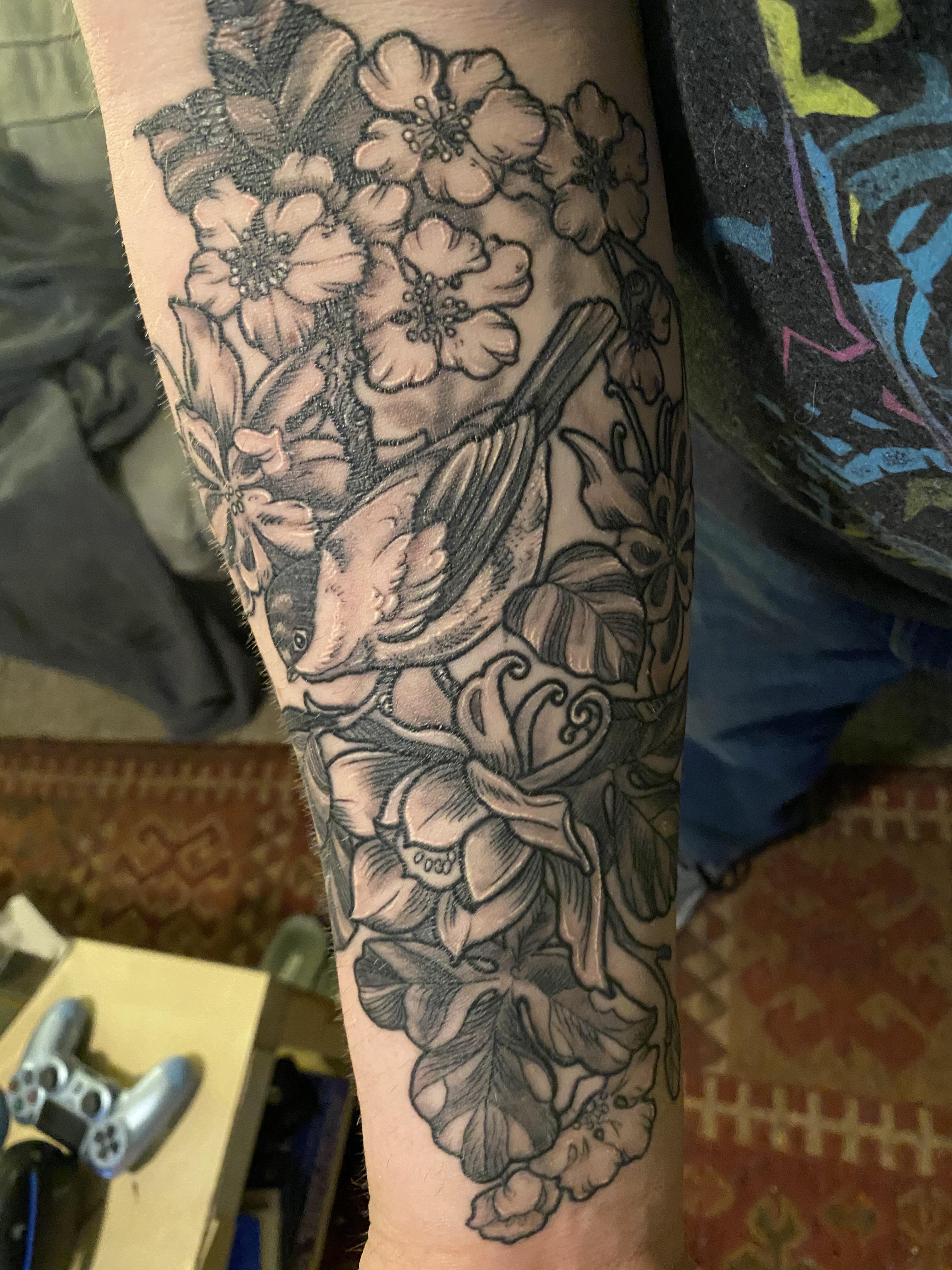 Black and grey flowers and chickadee, healed, done early