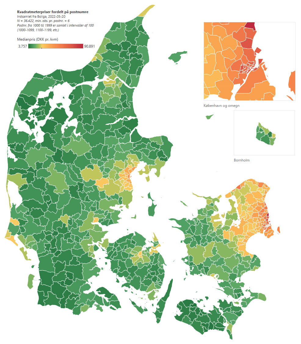 Kvadratmeterpriser på boliger fordelt på postnumre r/Denmark