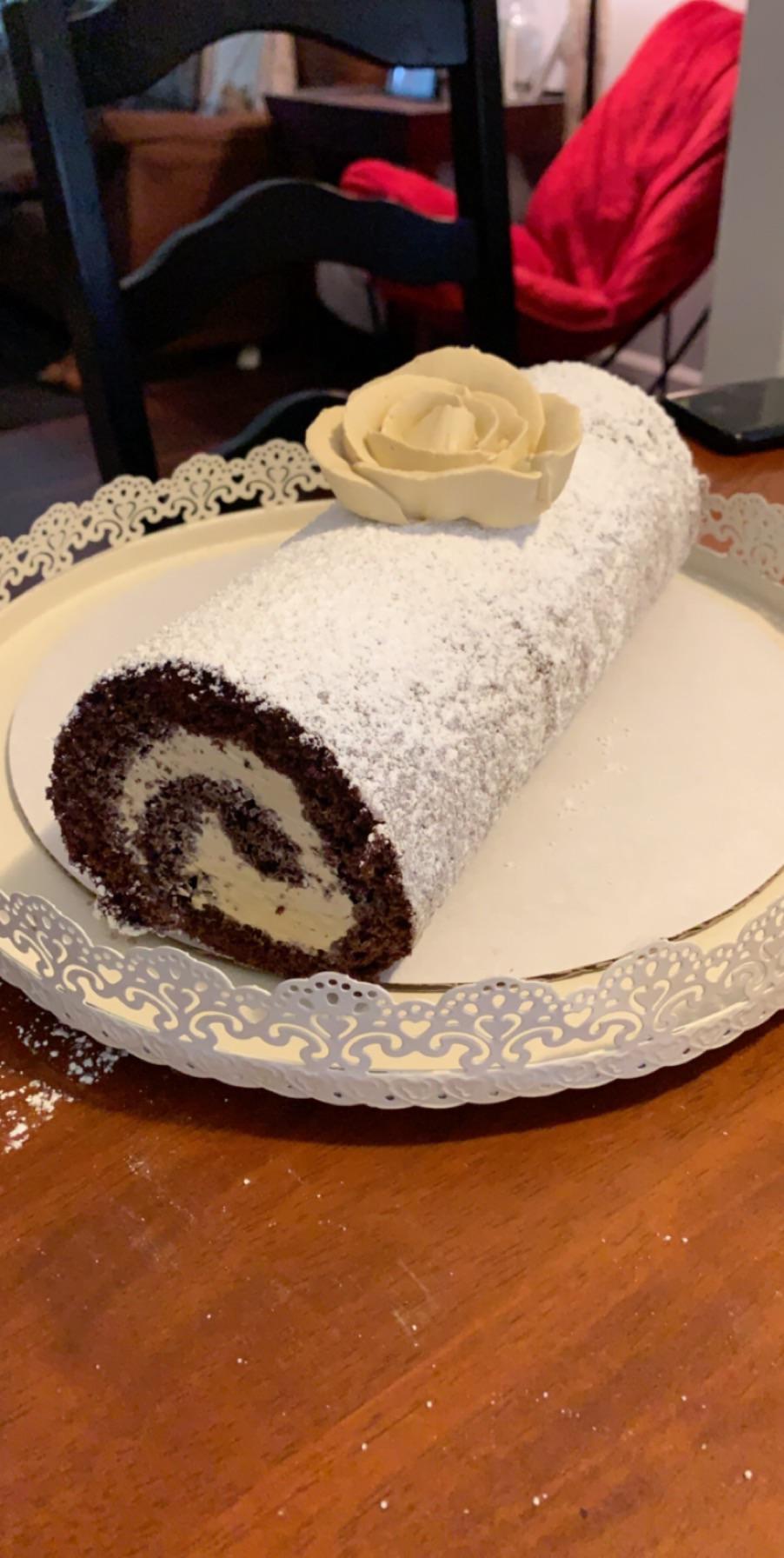 Chocolate Swiss roll with coffee French buttercream. I’ve been watching