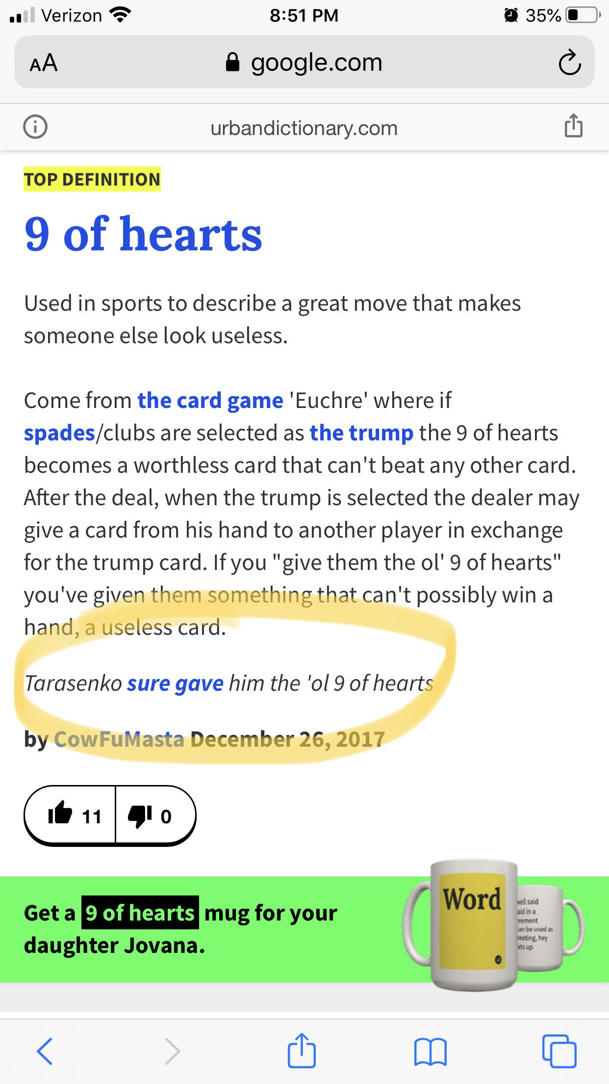 Looked up what “giving him the nine of hearts” meant on urban