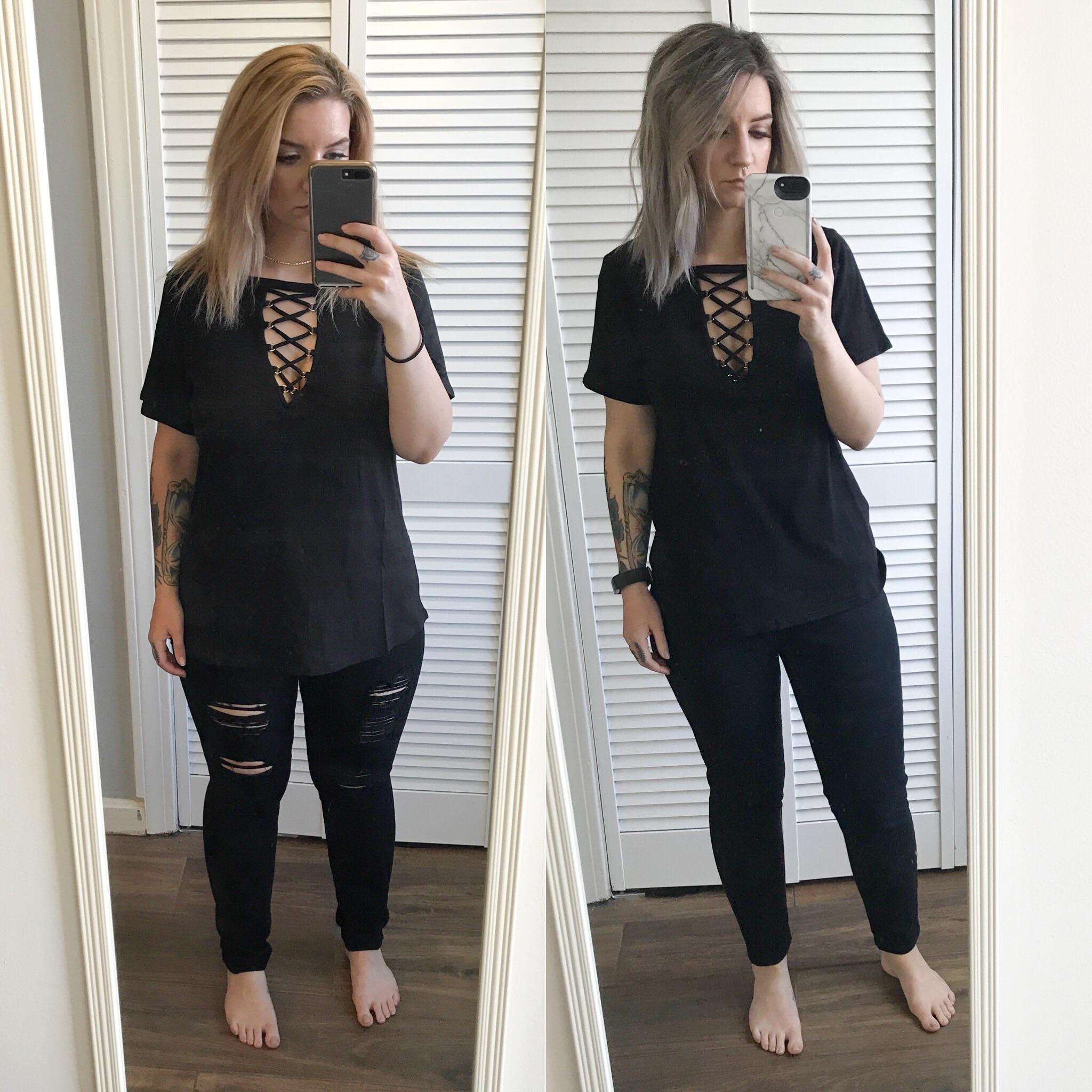 F/24/5’2” [165lbs > 142 lbs = 23 pounds lost] (8 months) same shirt