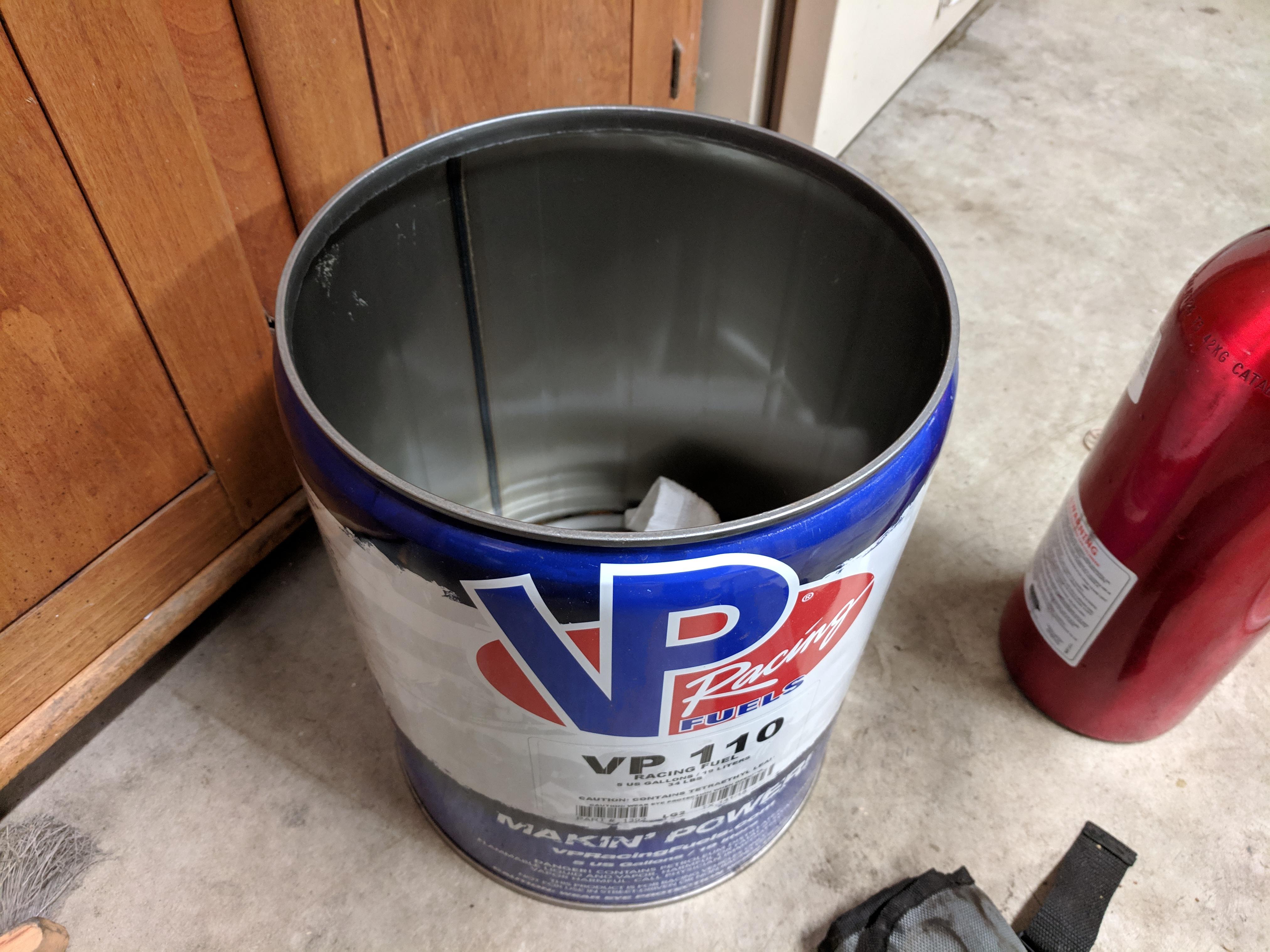 5 gallon VP racing fuel can, now a shop rag collector. r/repurpose