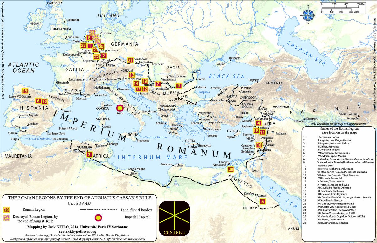 Roman Legions by the end of Augustus Caesar's rule, circa 14 AD. r