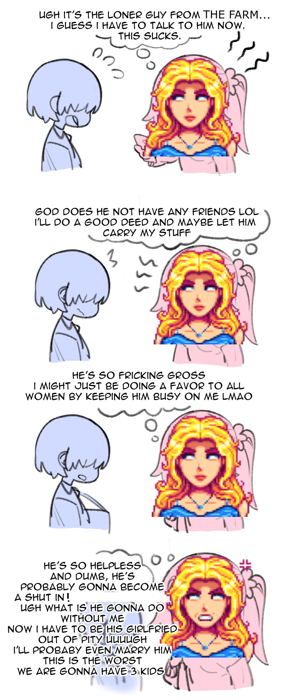 Haley meets the farmer. Original comic by MinkyeVT r/StardewMemes