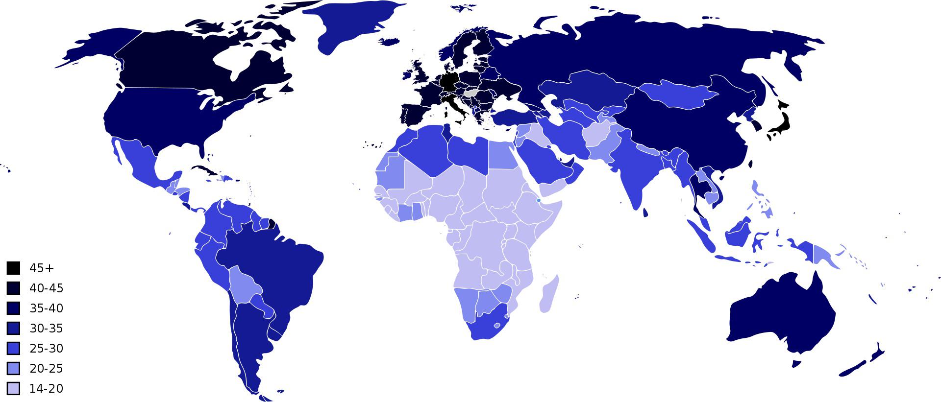 Median age per country (based on CIA world factbook) r/MapPorn