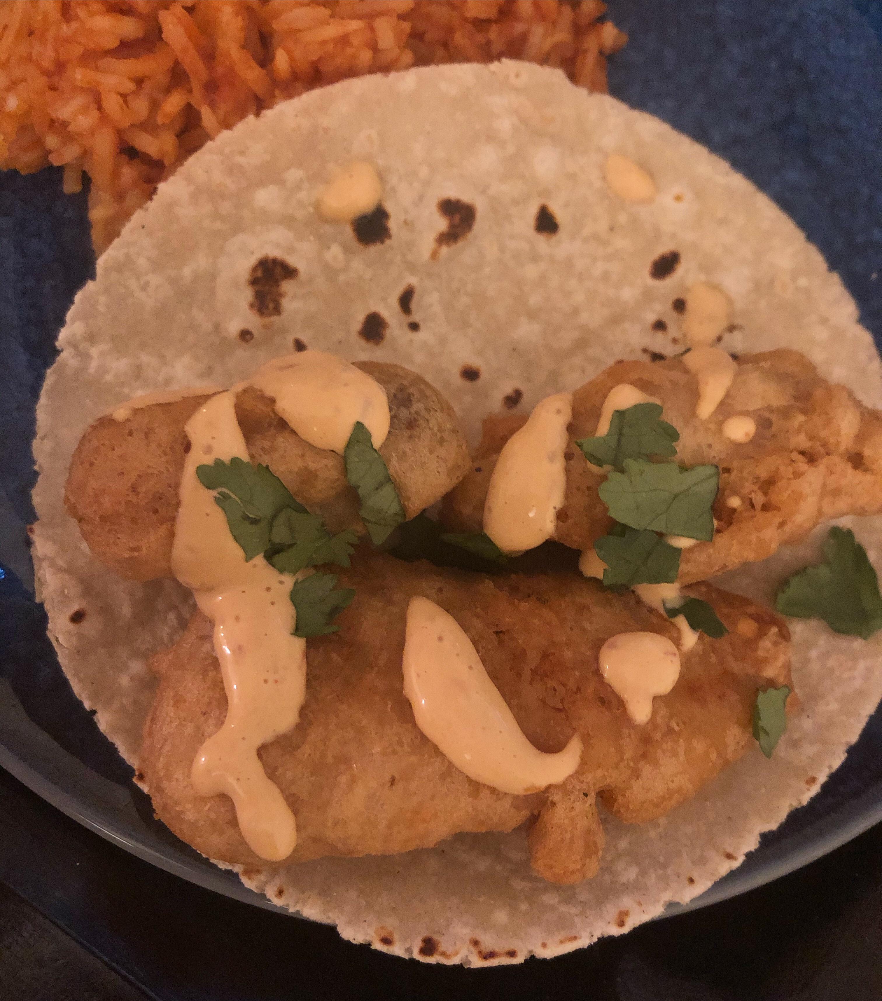 [homemade] beer batter fried mahi mahi tacos with chipotle sauce r/food