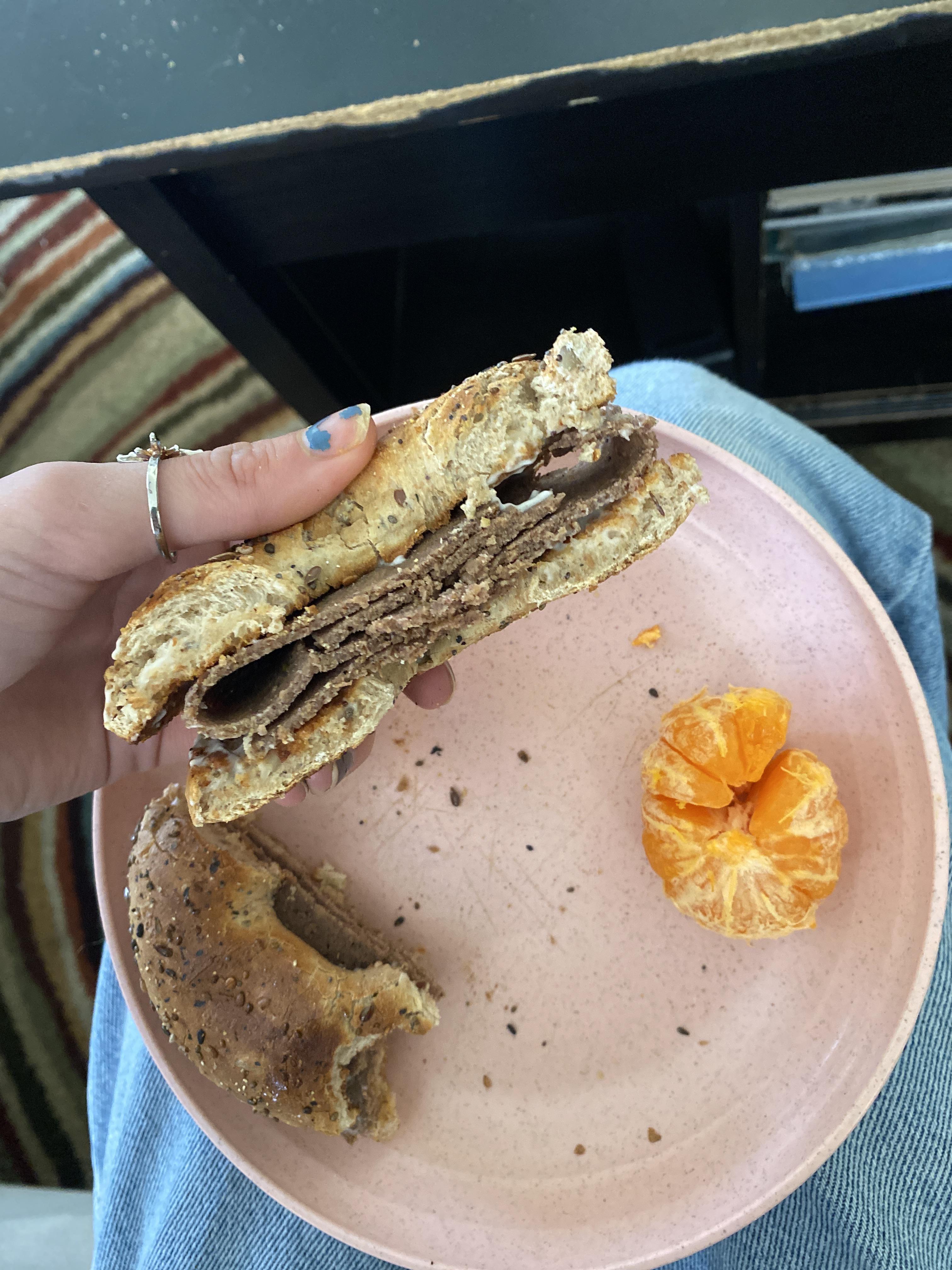 dave’s everything bagel, unreal deli steak slices, vegan mayo, and a