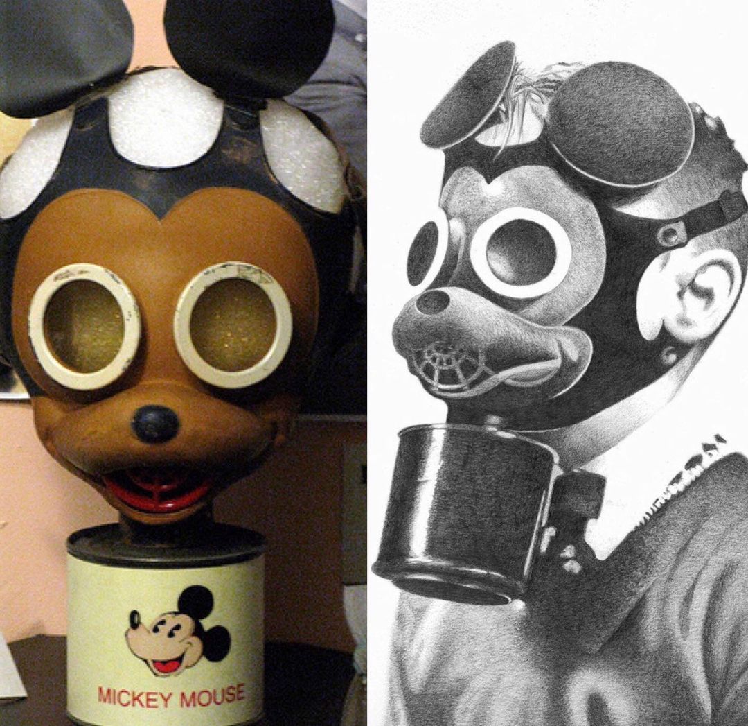 The Official Mickey Mouse Gas Mask from the 1940s. It was designed by Walt Disney to help