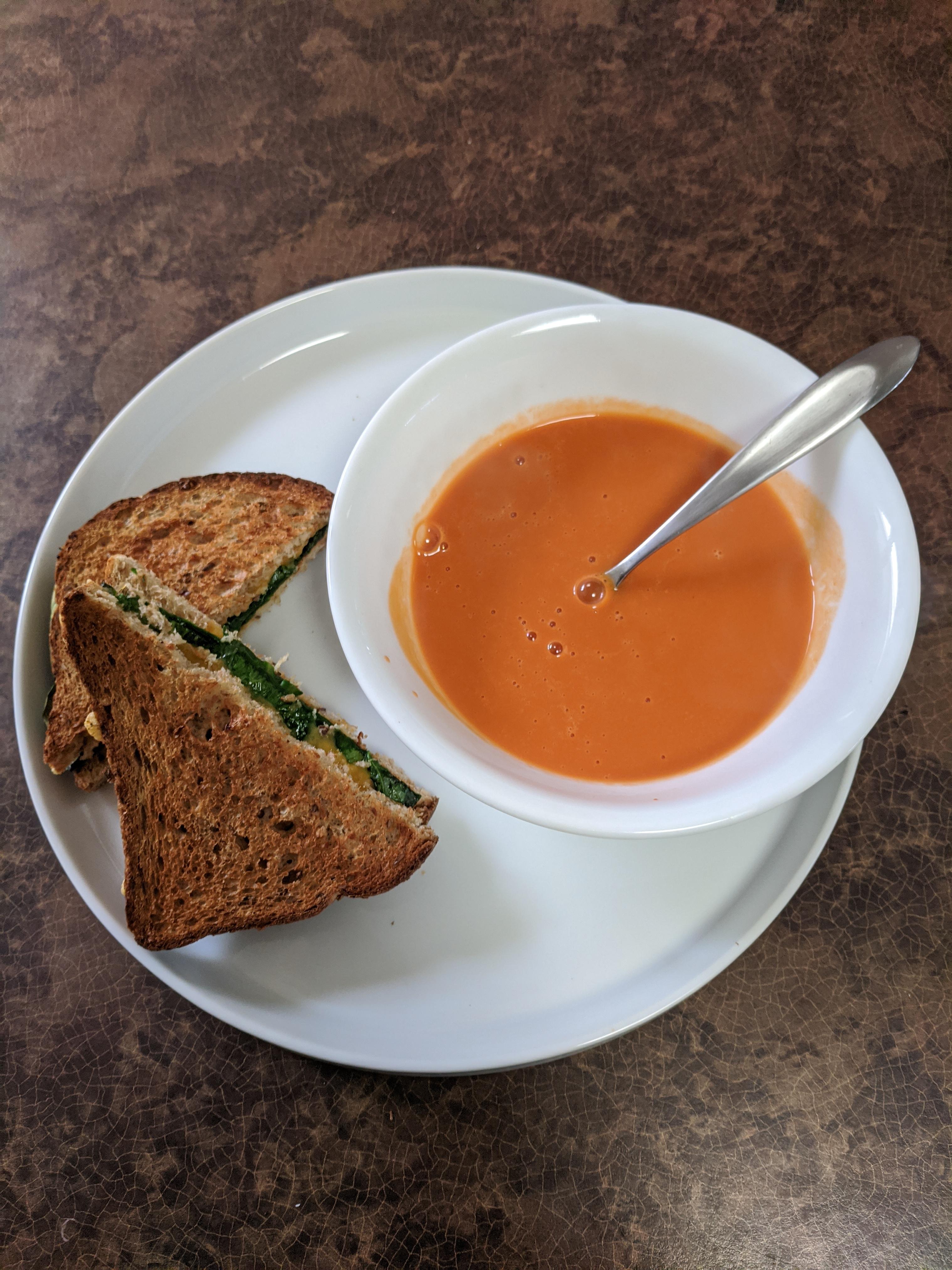 Air fried grilled cheese with spinach and tomato soup. 300 calories