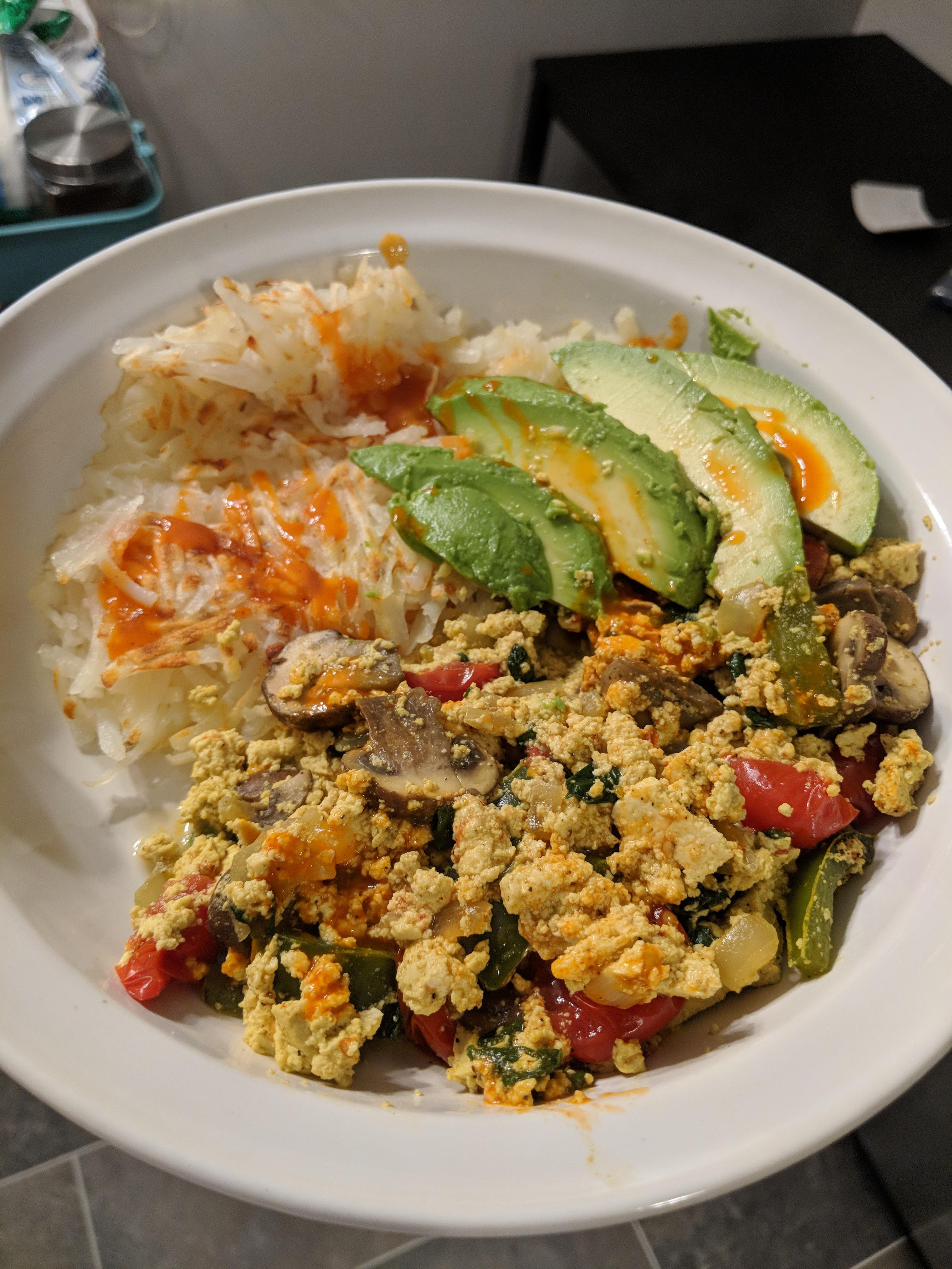 Tofu scramble and hashbrowns with avocado and cholula r/veganrecipes