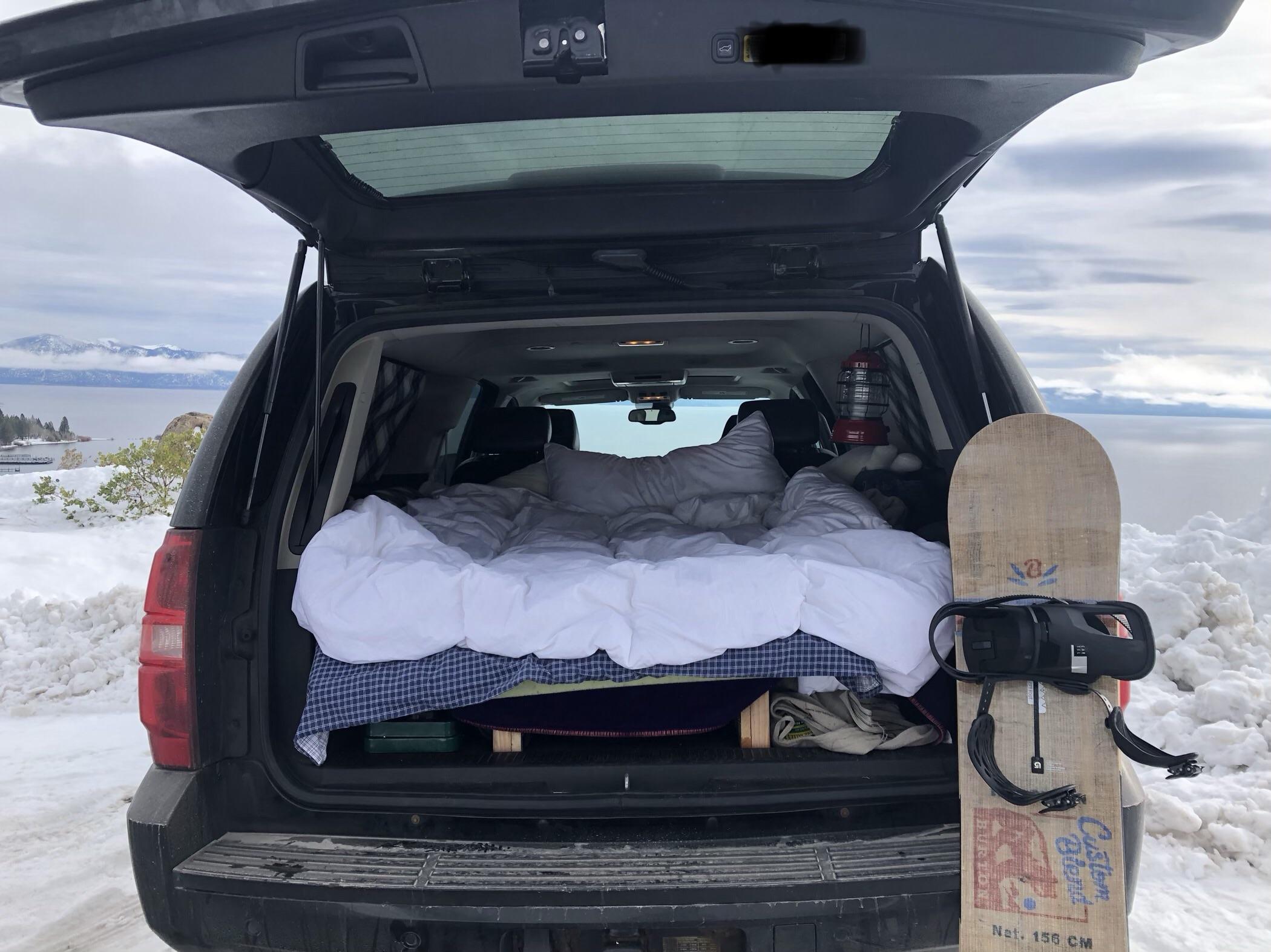 Built this bed in the back of my truck so I can do this all winter r