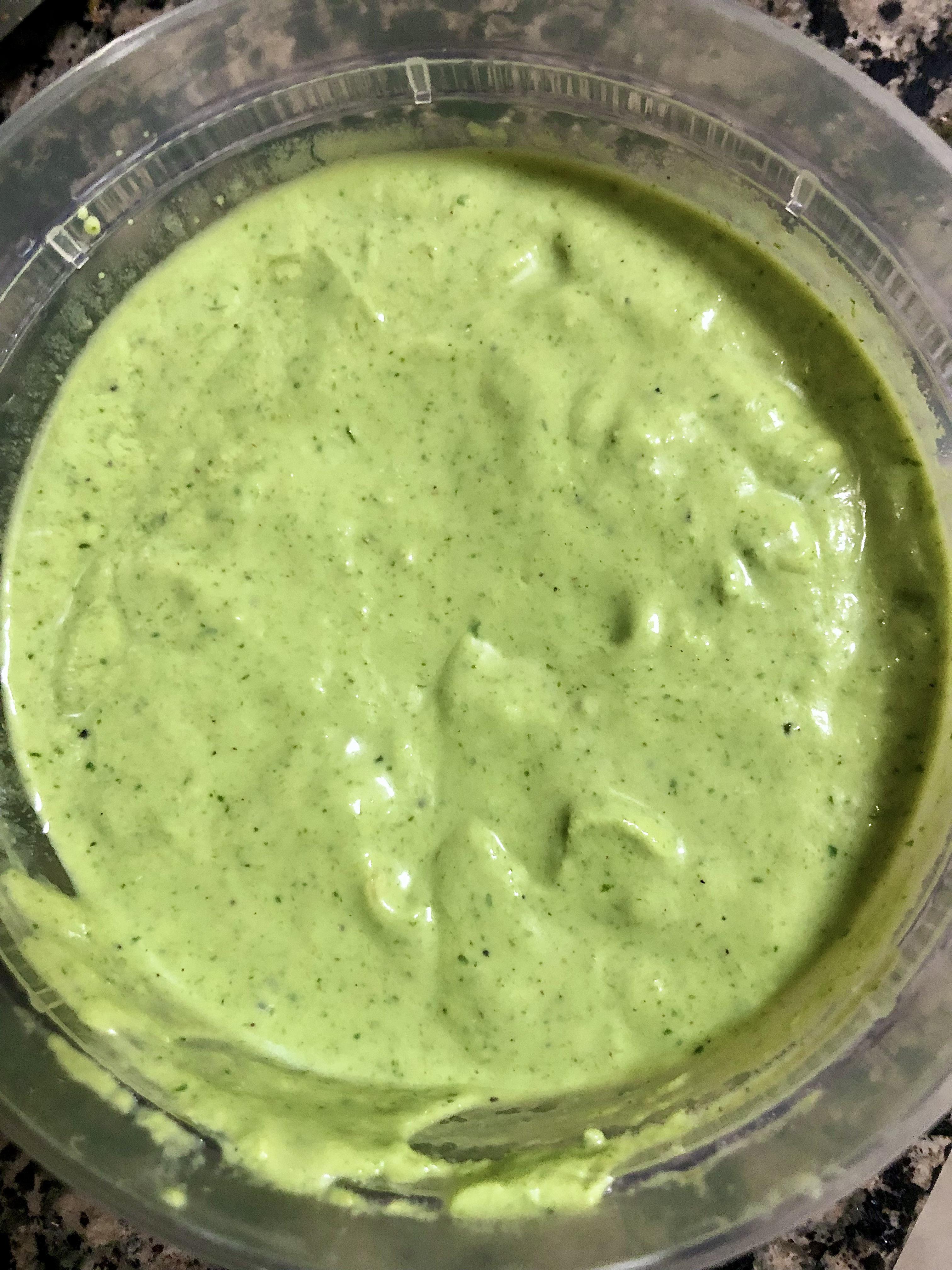 Homemade cilantro jalapeño sauce/dressing. Less than 1 calorie per gram