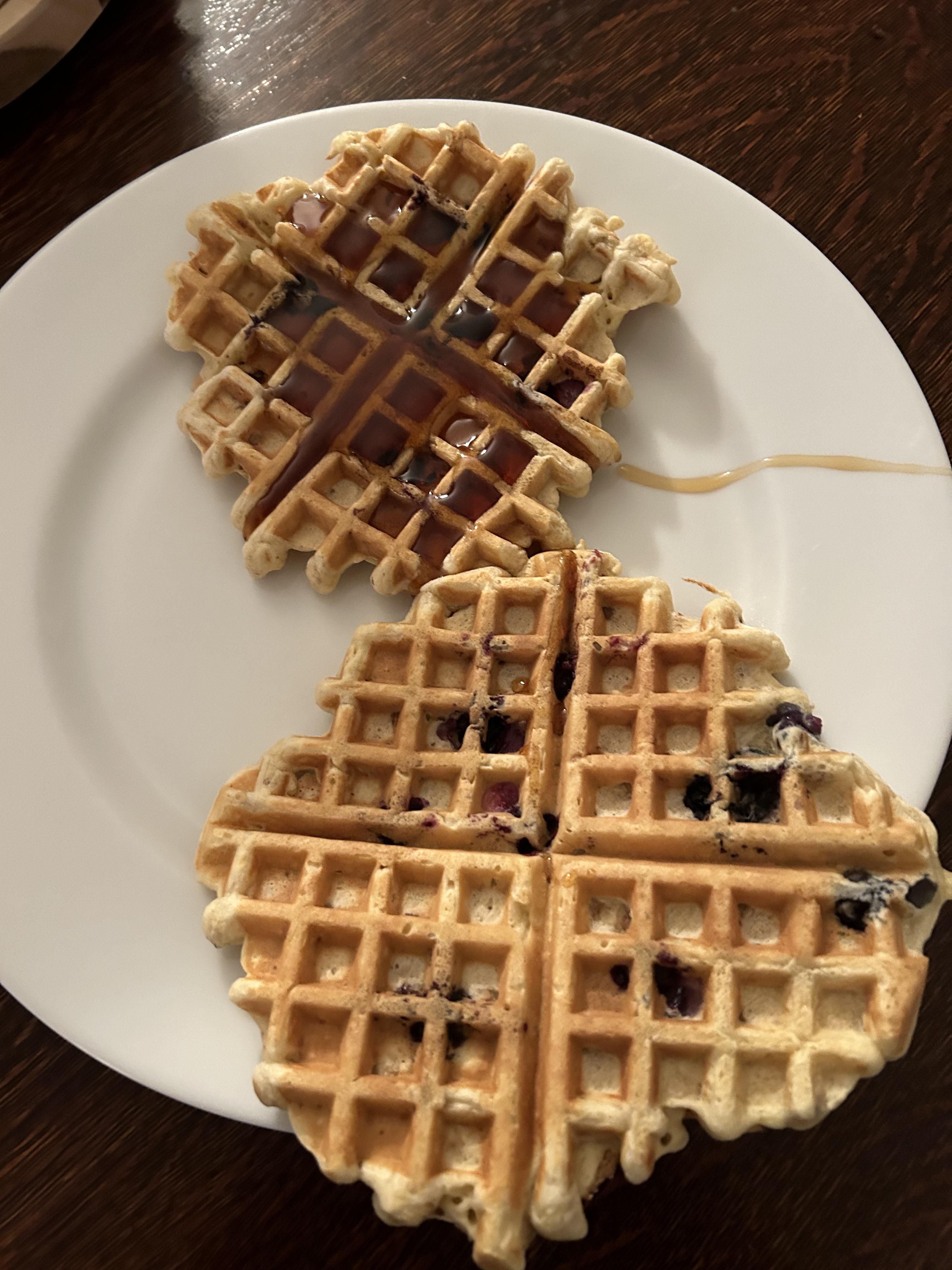 Homemade blueberry waffles I made with bourbon syrup (waffles are