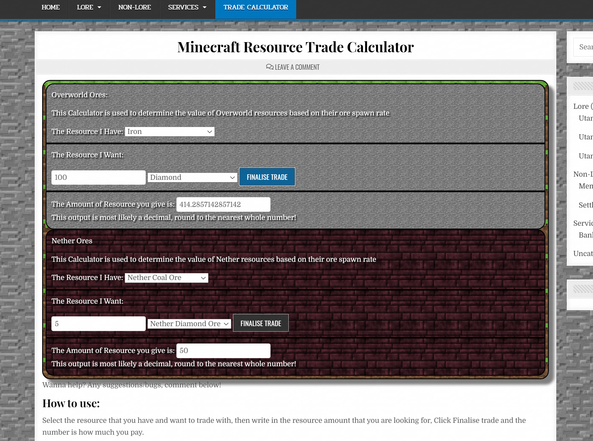 Minecraft Resource Trade Calculator 2.0! Now with Nether Ores