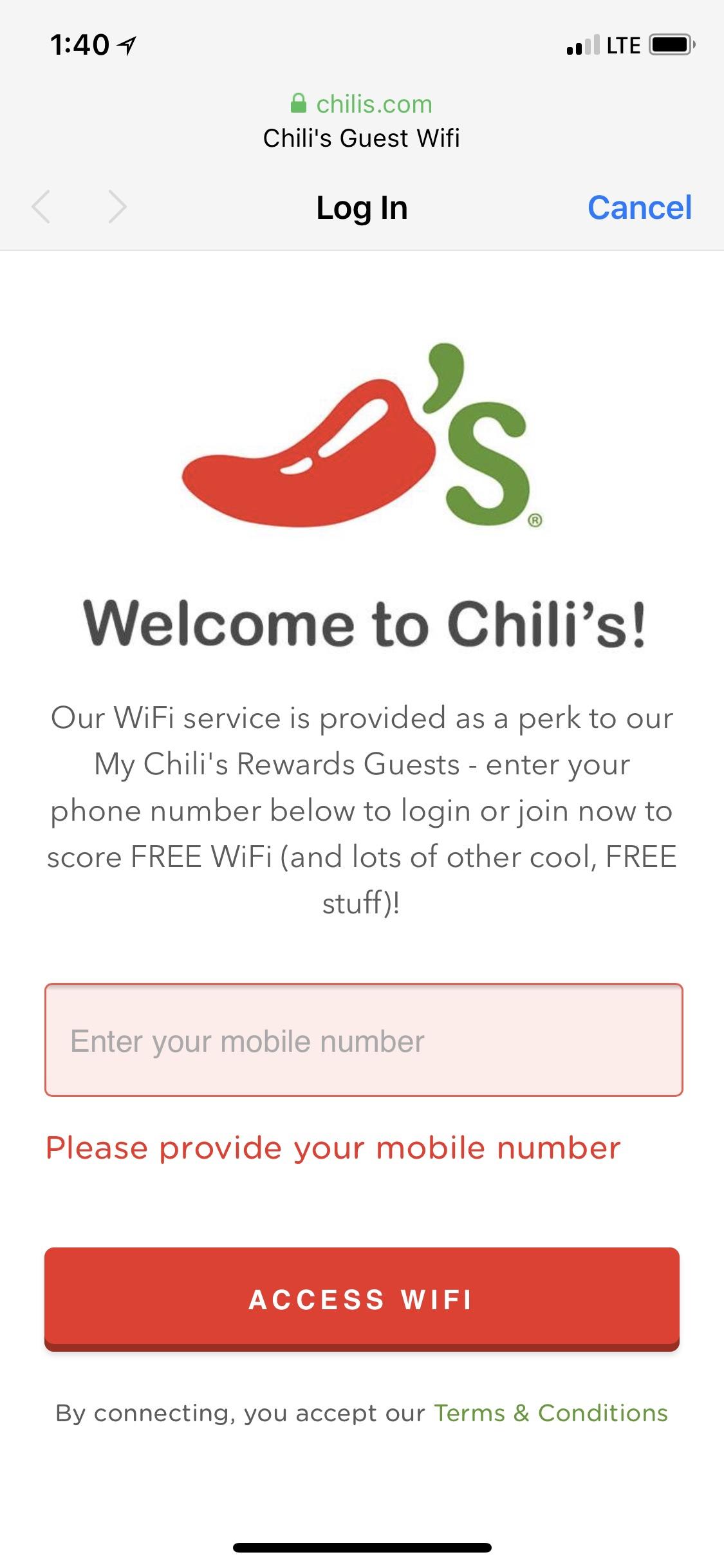 Can’t use Chili’s WiFi unless you enter your phone number and agree to