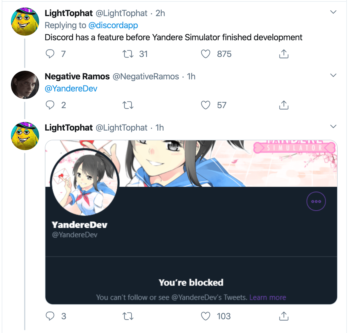 [Ban] Yandere dev blocks someone on Twitter yandere_dev