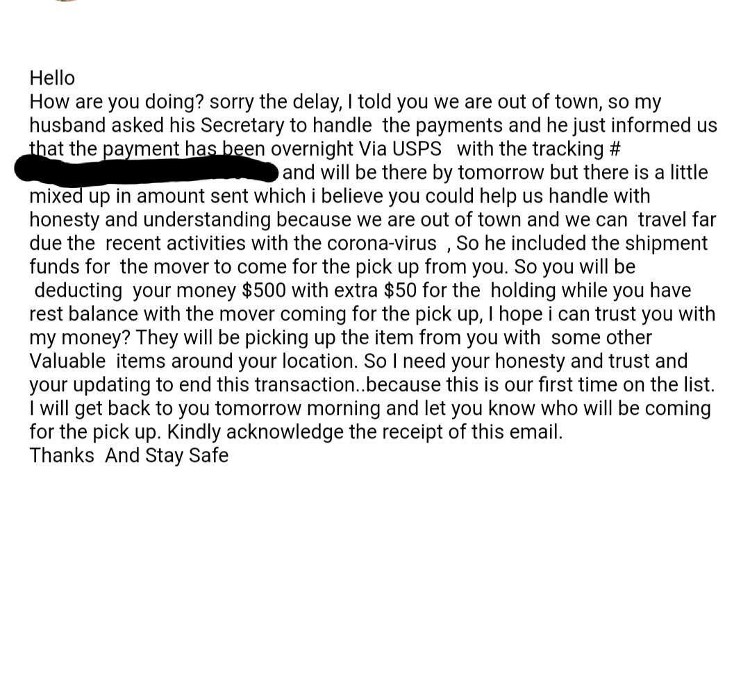 Am selling my treadmill on Craigslist. The scammers emails are all this