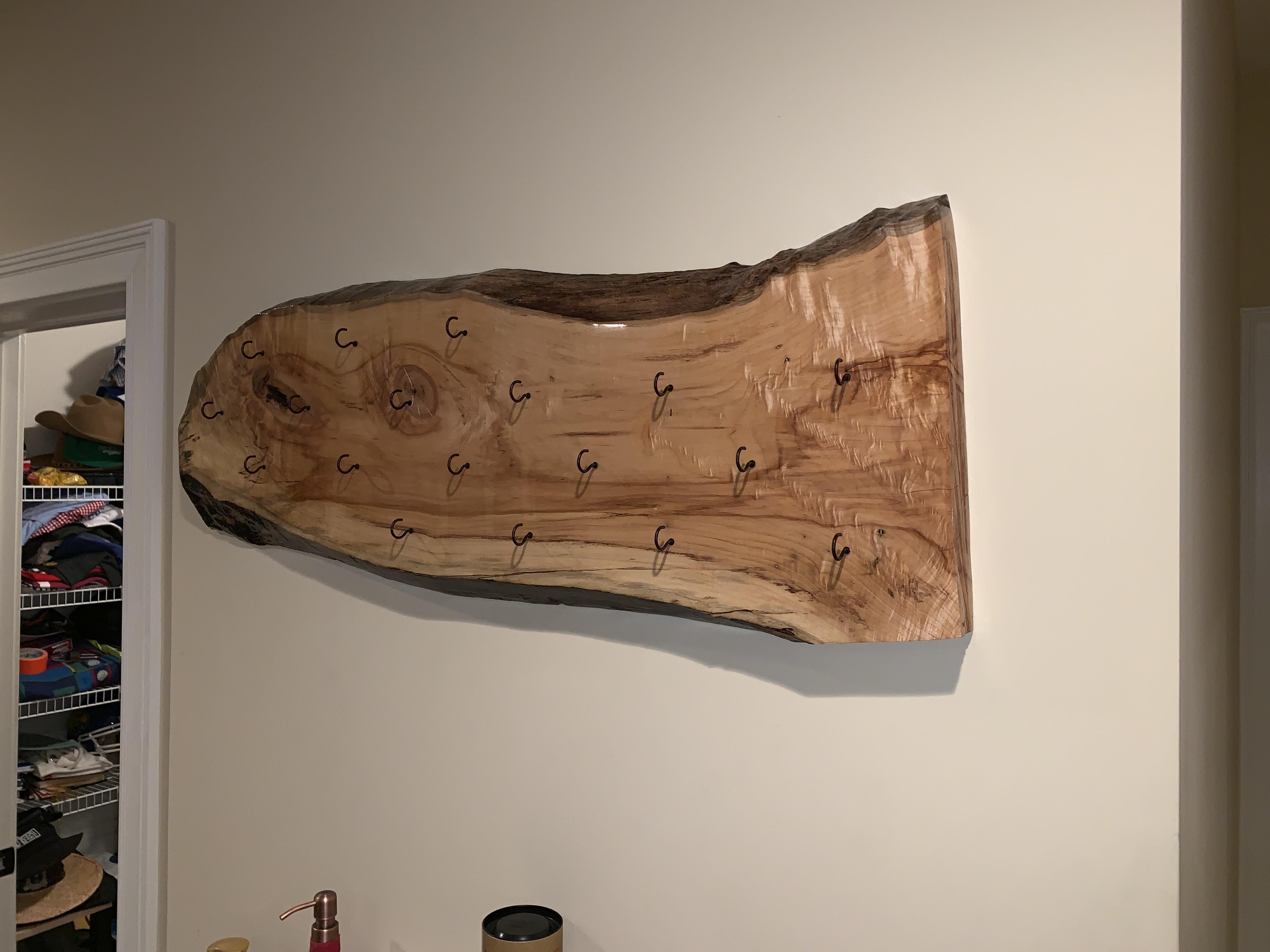 Finished and mounted my live edge slab hat rack a couple weeks ago. Not