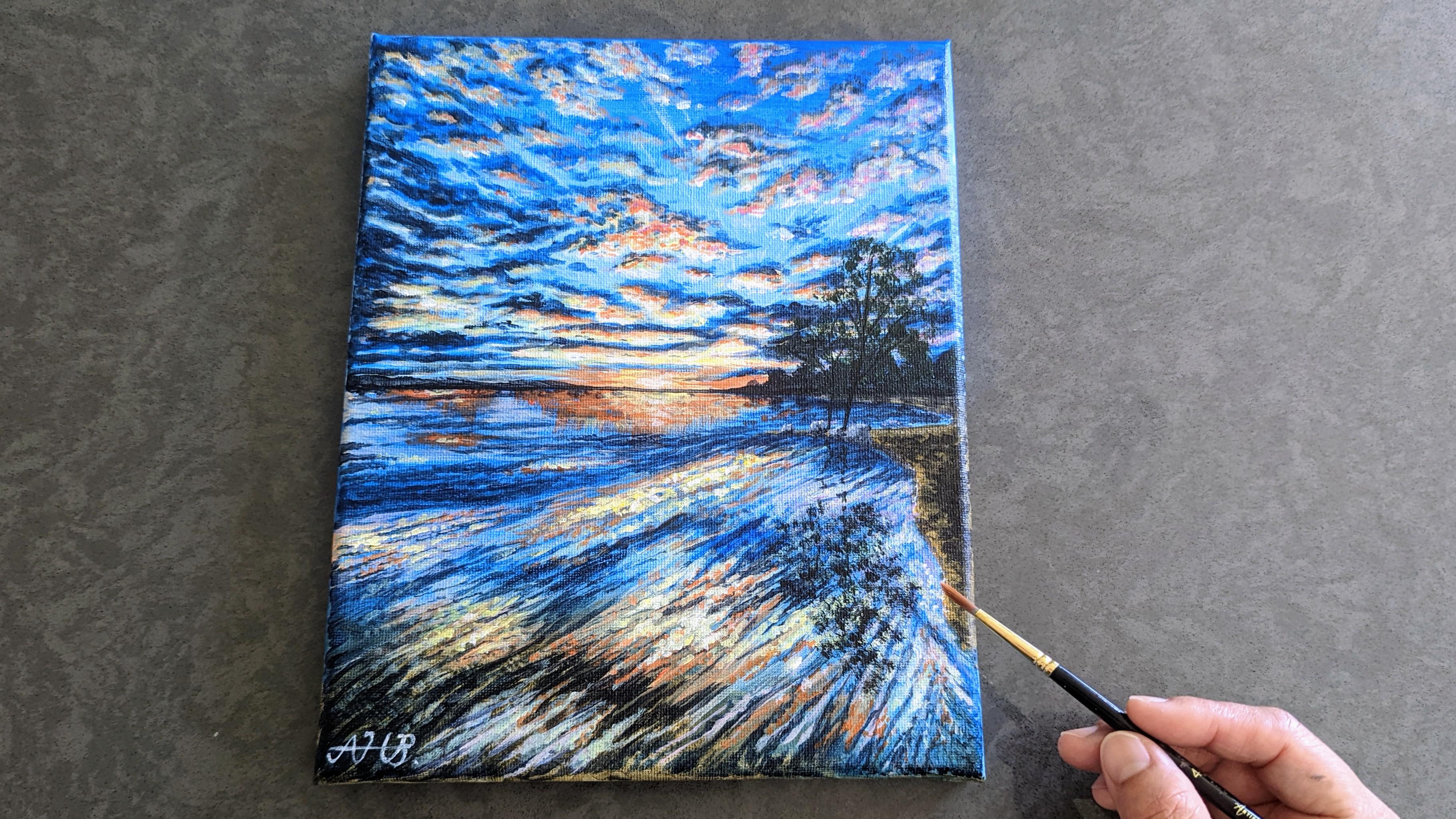 Sunset acrylic painting on canvas, panel the full painting tutorial
