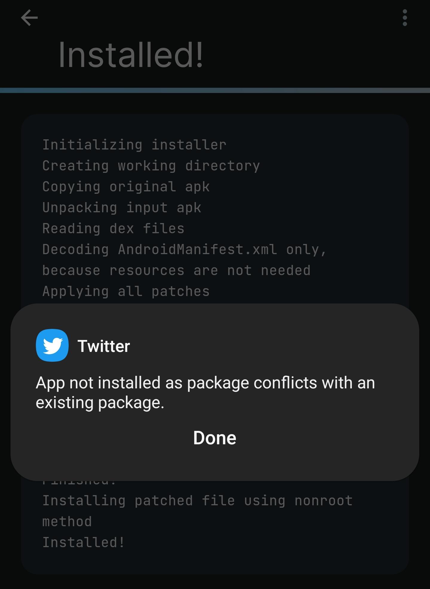 App not installed as package conflicts with an existing package every