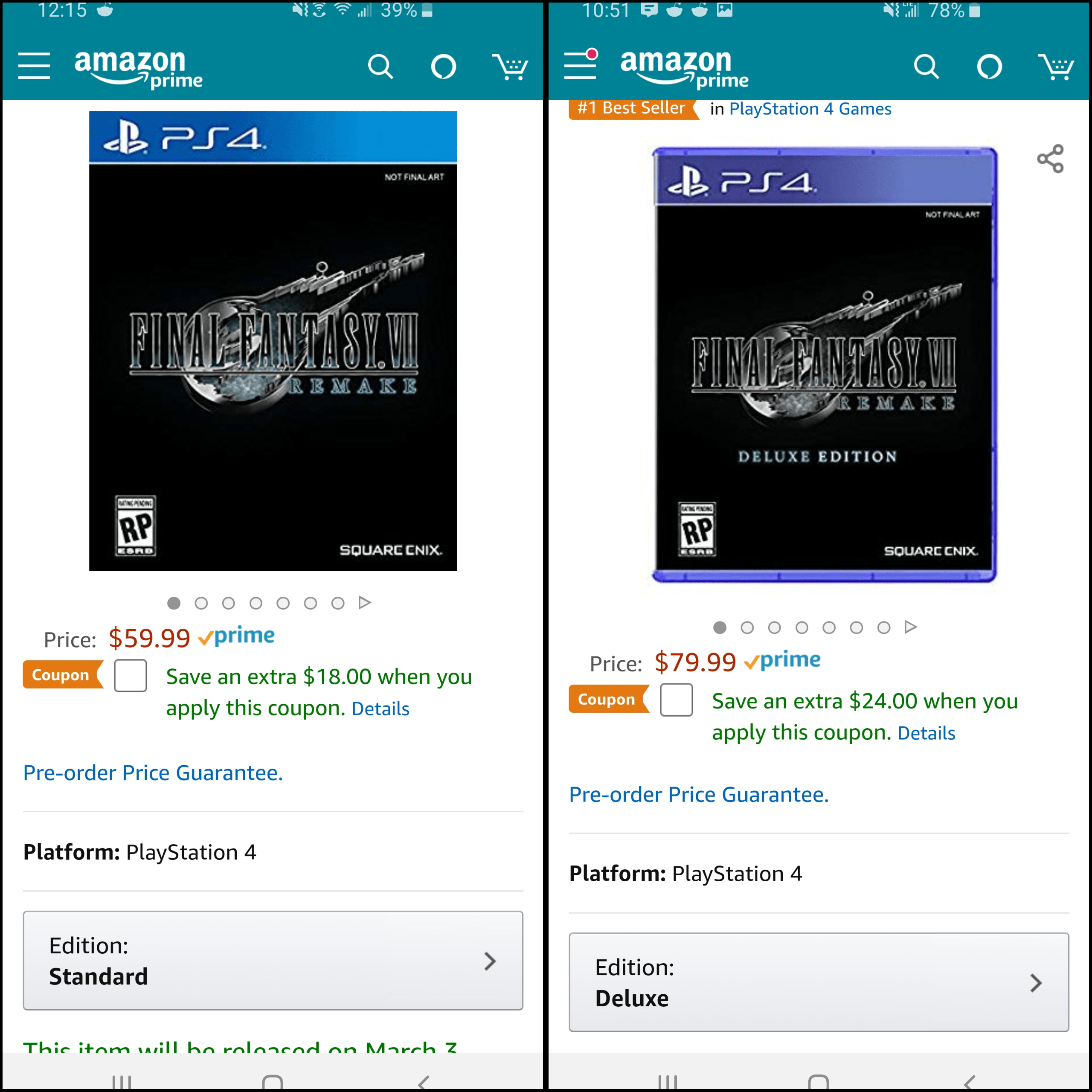 Amazon now has coupons for FF7 Remake. 18 off for standard, 24 off