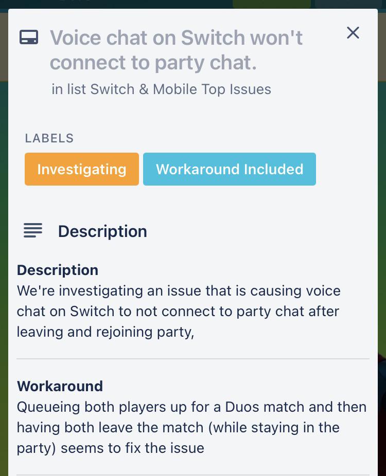 Since this is a known issue for voice chat on switch, is this the