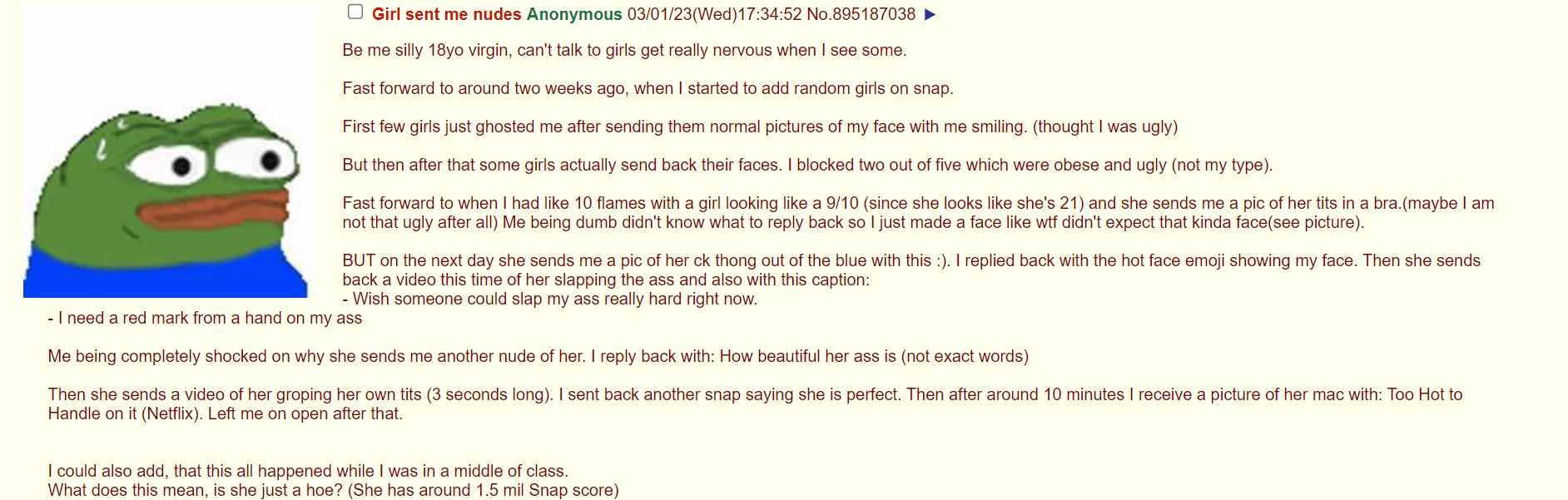 Anon got his first nudes. And now thinks he's not ugly after all. : r