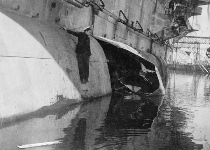 Damage to the Italian aircraft carrier Aquila after a raid by Italian