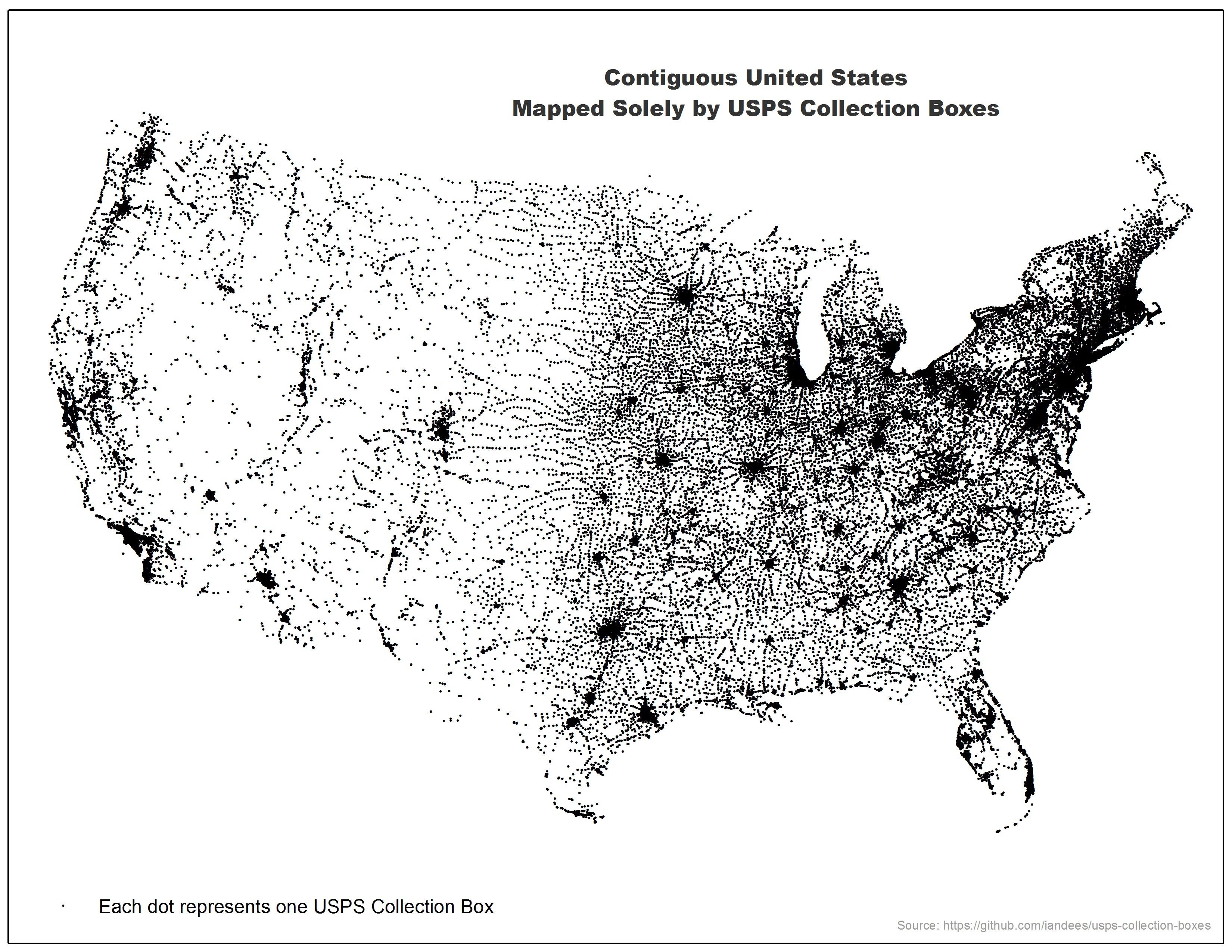 Usps Collection Box Map [OC] Contiguous U.S. mapped solely by USPS collection boxes