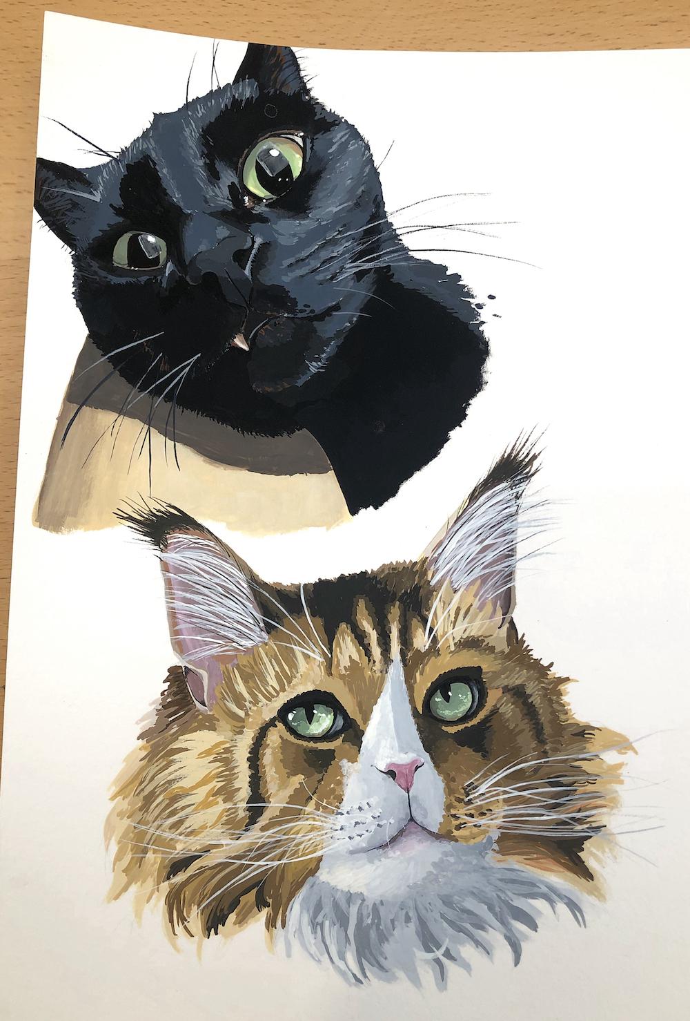 Two gouache cats trying my hardest to figure out fur. Criticism is