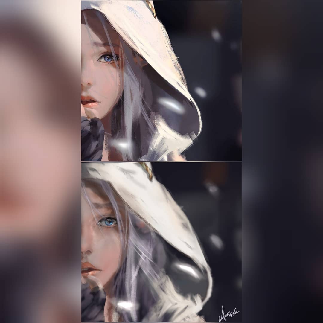 My own Attempt (obviously the bottom one) at painting a Wlop painting