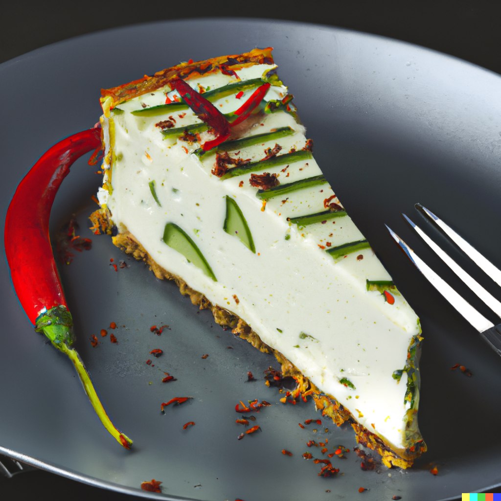 Food photography of “chili pepper and cucumber cheesecake”, 85mm f1.2