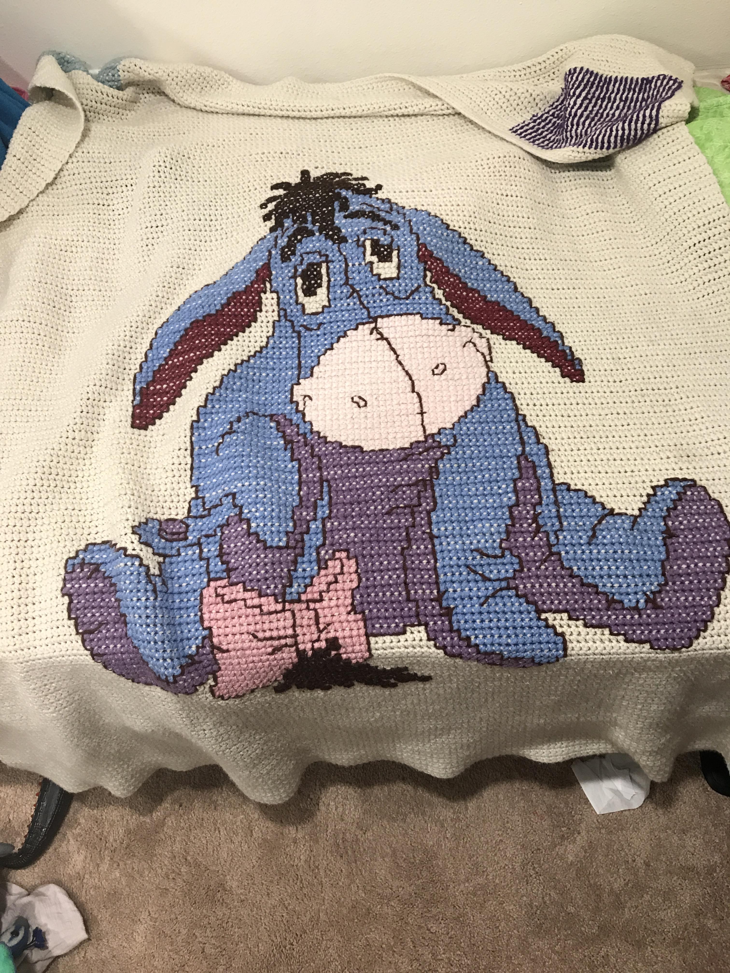 [FO] A cross stitched, crocheted baby blanket I made for my oldest, now