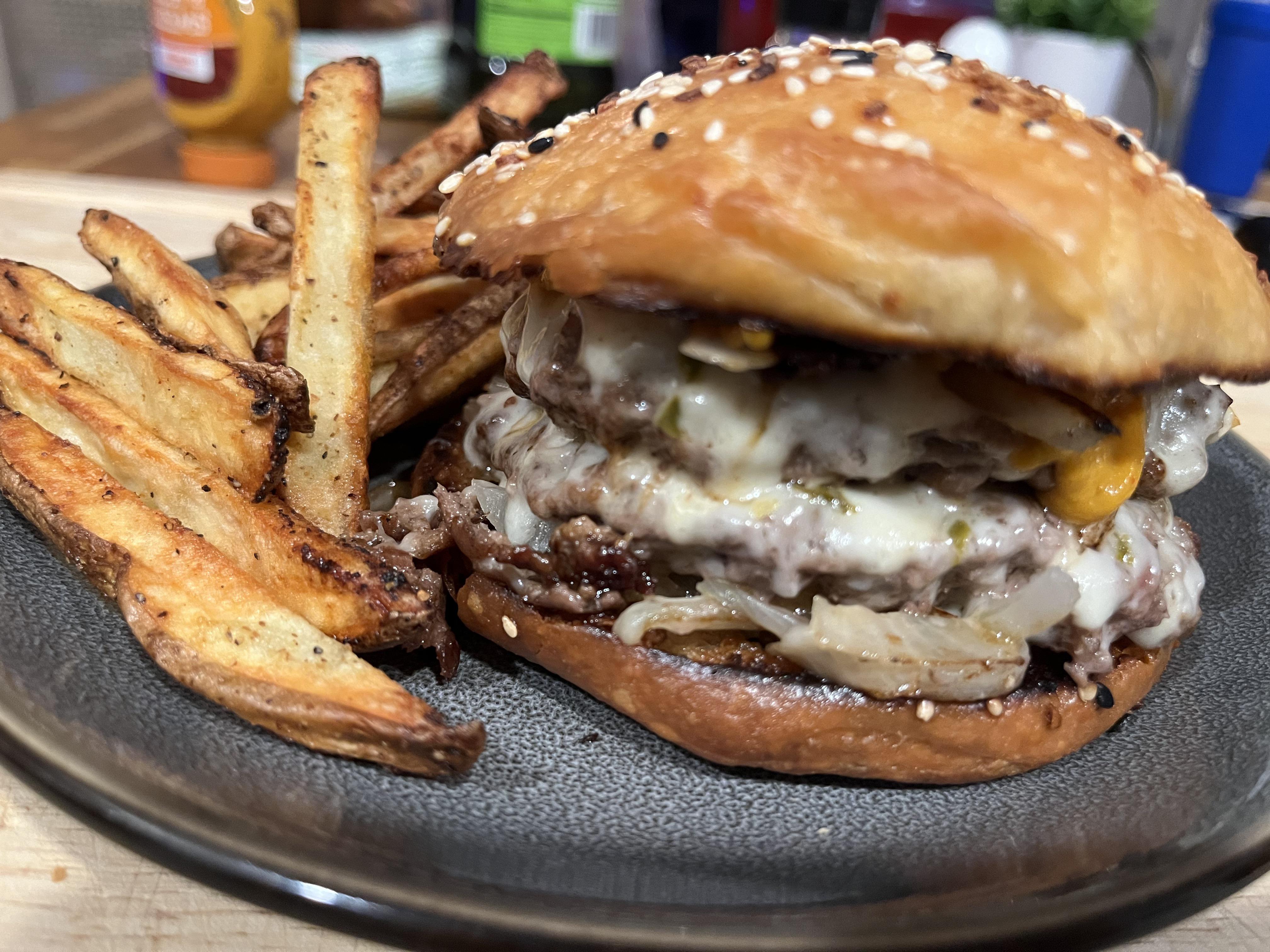 Double smash with pepperjack on homemade sourdough everything buns