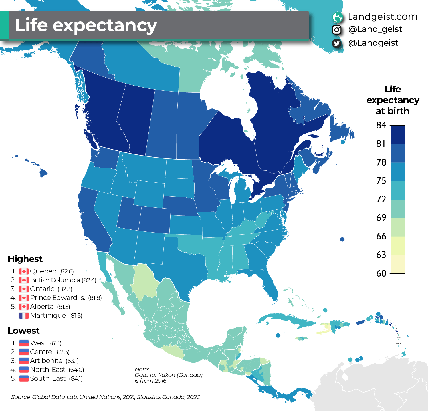Life expectancy in North America r/MapPorn