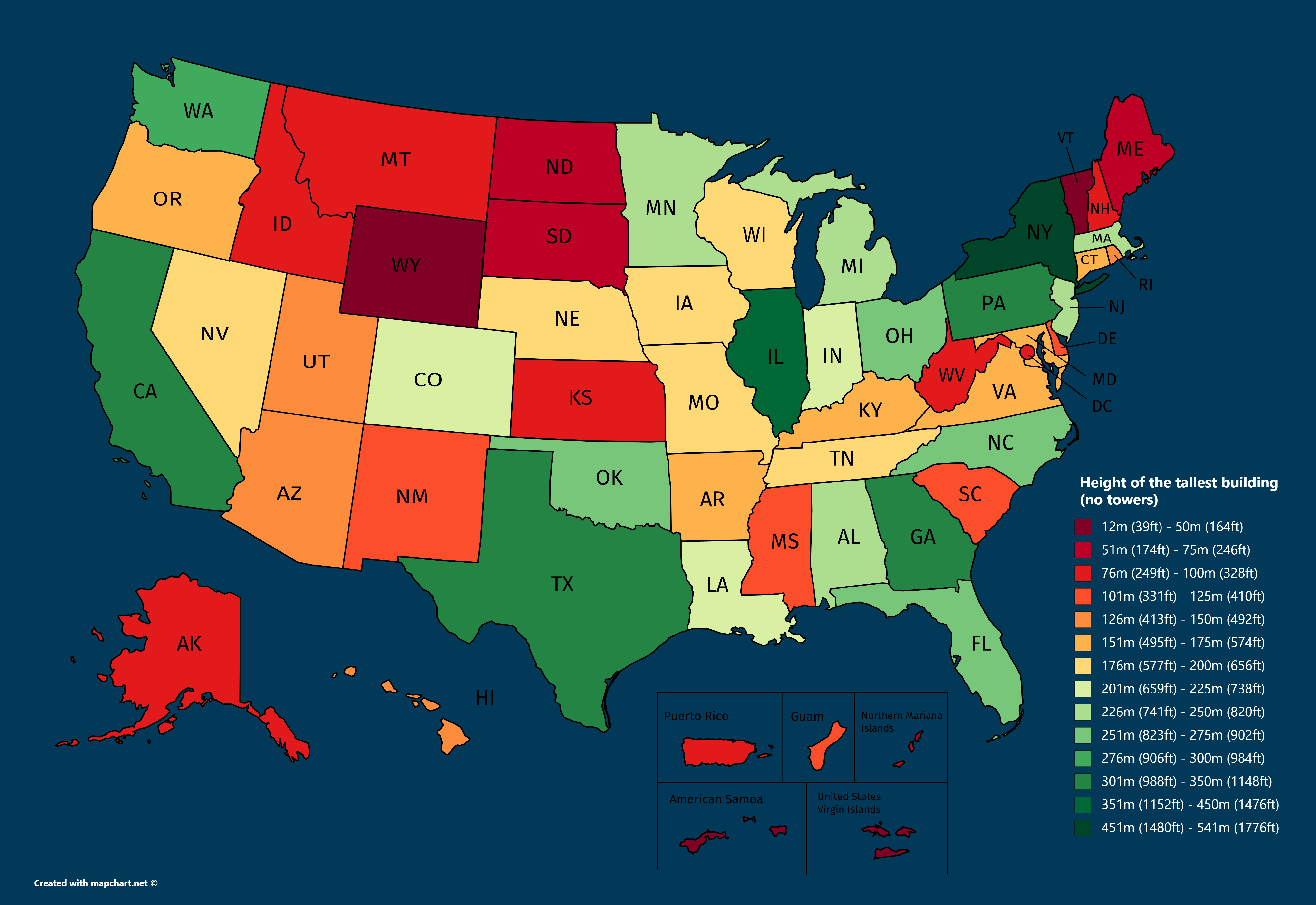Height of the tallest building (no towers) in every state and territory