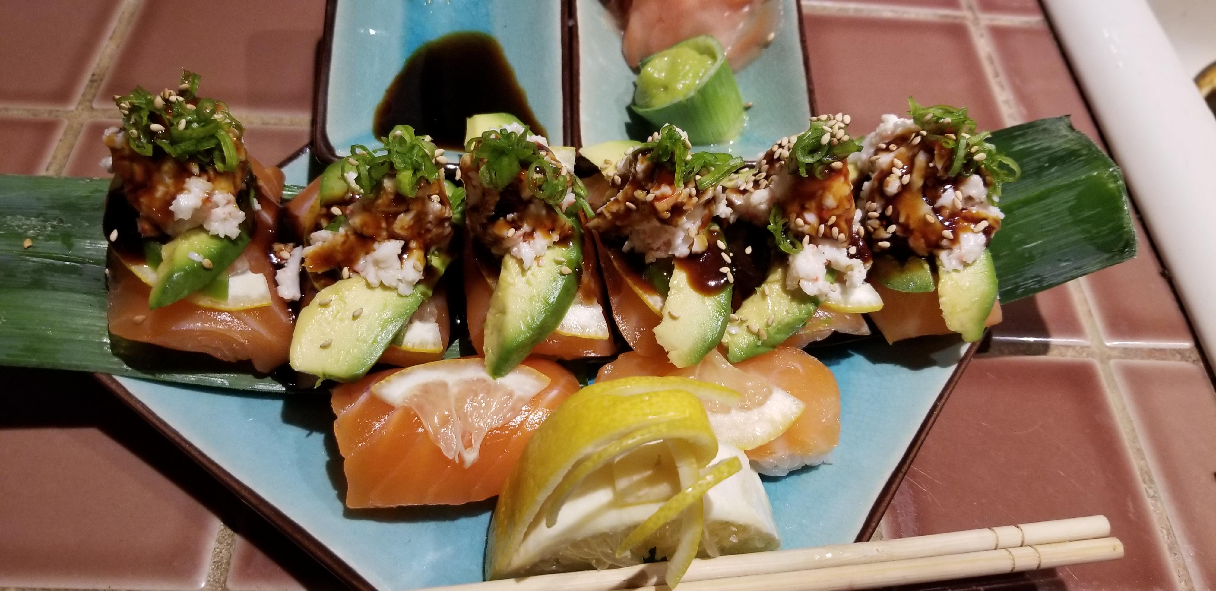 More aged salmon nigiri, with rooster style salmon nigiri as well. The