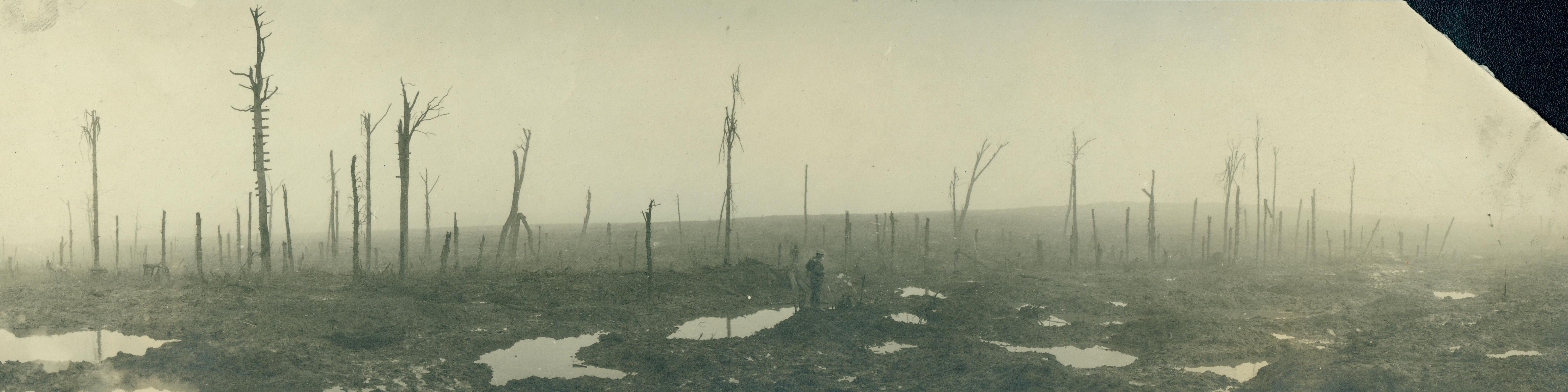 Panoramic of 'No Mans Land,' unknown location, WW1 [6529x1632] r