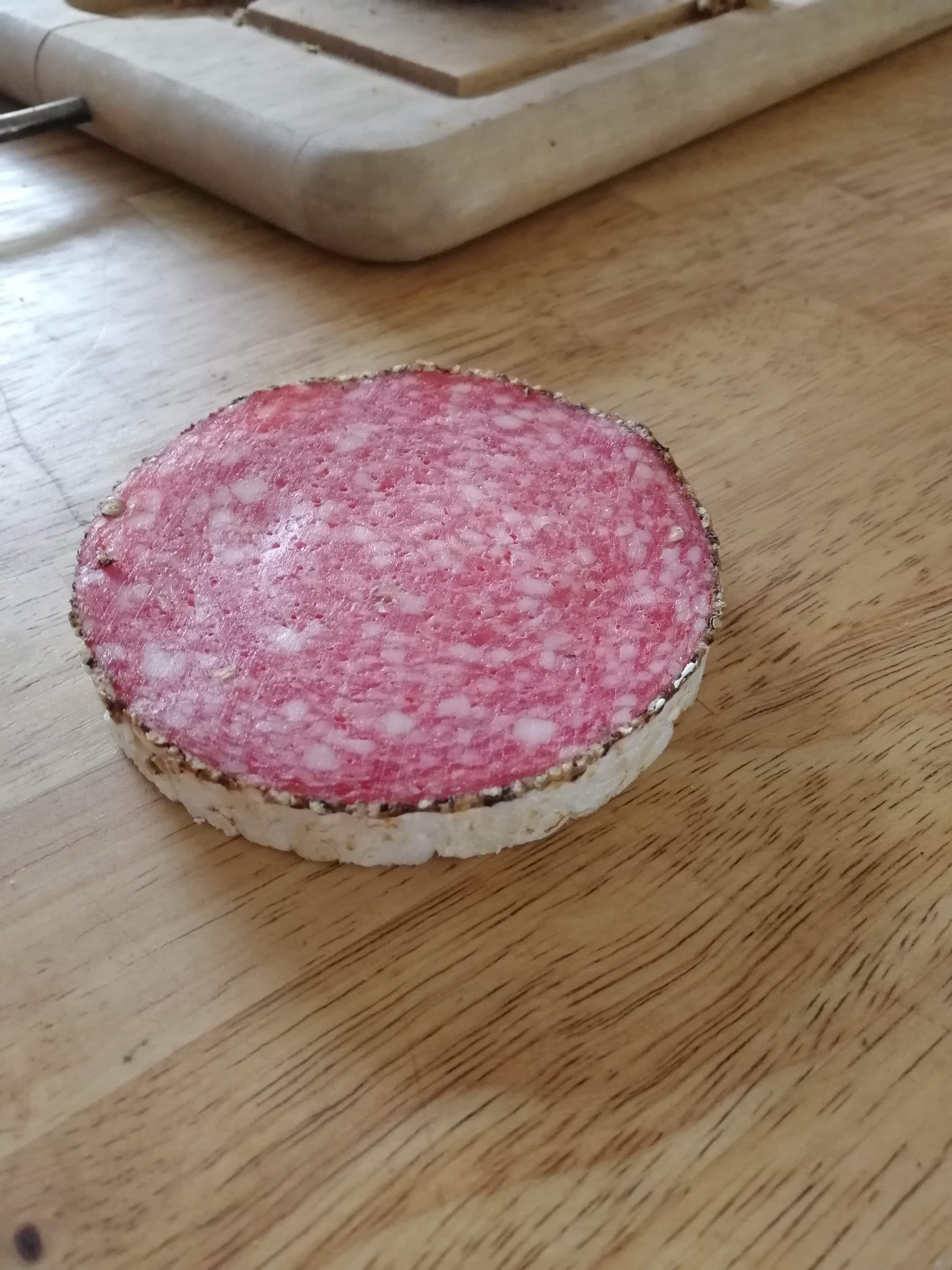 The way this salami slice perfectly fits on the rice cake. r